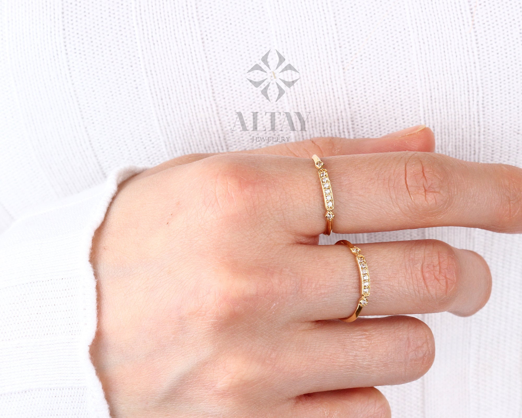 14K Gold Vintage Diamond Ring, Vintage Style Solid Gold Stackable Ring, Dainty Gold Elegant Ring, Art Deco Wedding Band Ring, Half Eternity