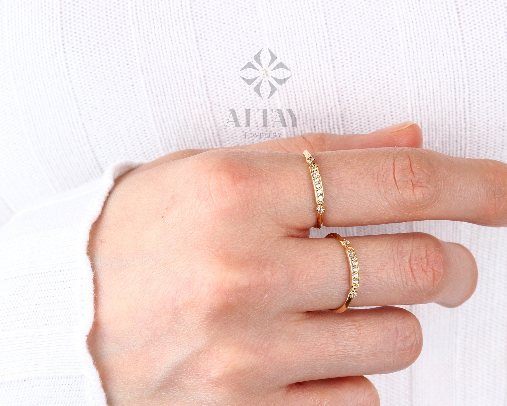 14K Gold Art Deco Wedding Band Ring, Princess Ring, Vintage Style Wedding, Half Eternity Bridal Ring, Cute Stacking Ring, Gold Promise Ring