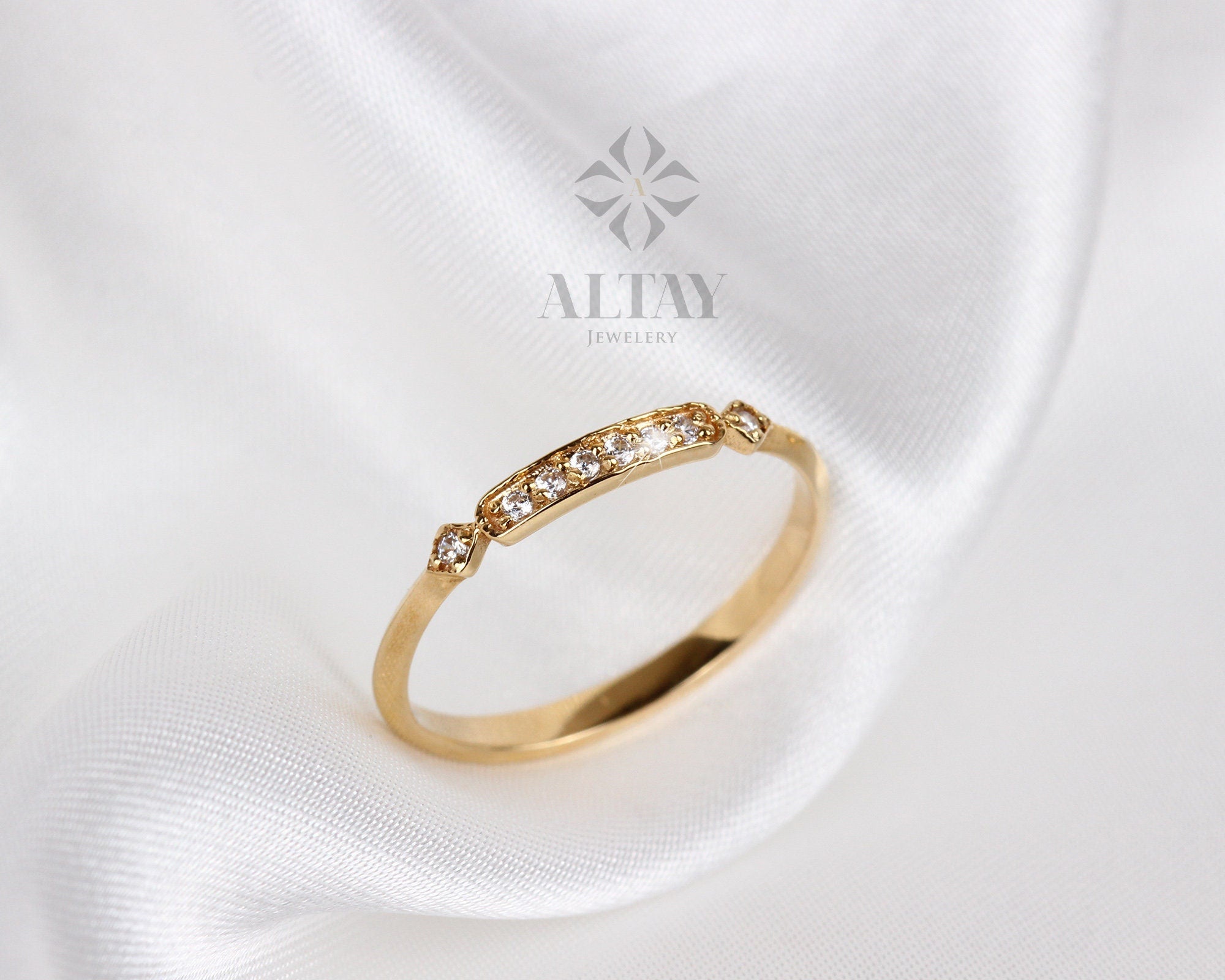 14K Gold Art Deco Wedding Band Ring, Princess Ring, Vintage Style Wedding, Half Eternity Bridal Ring, Cute Stacking Ring, Gold Promise Ring