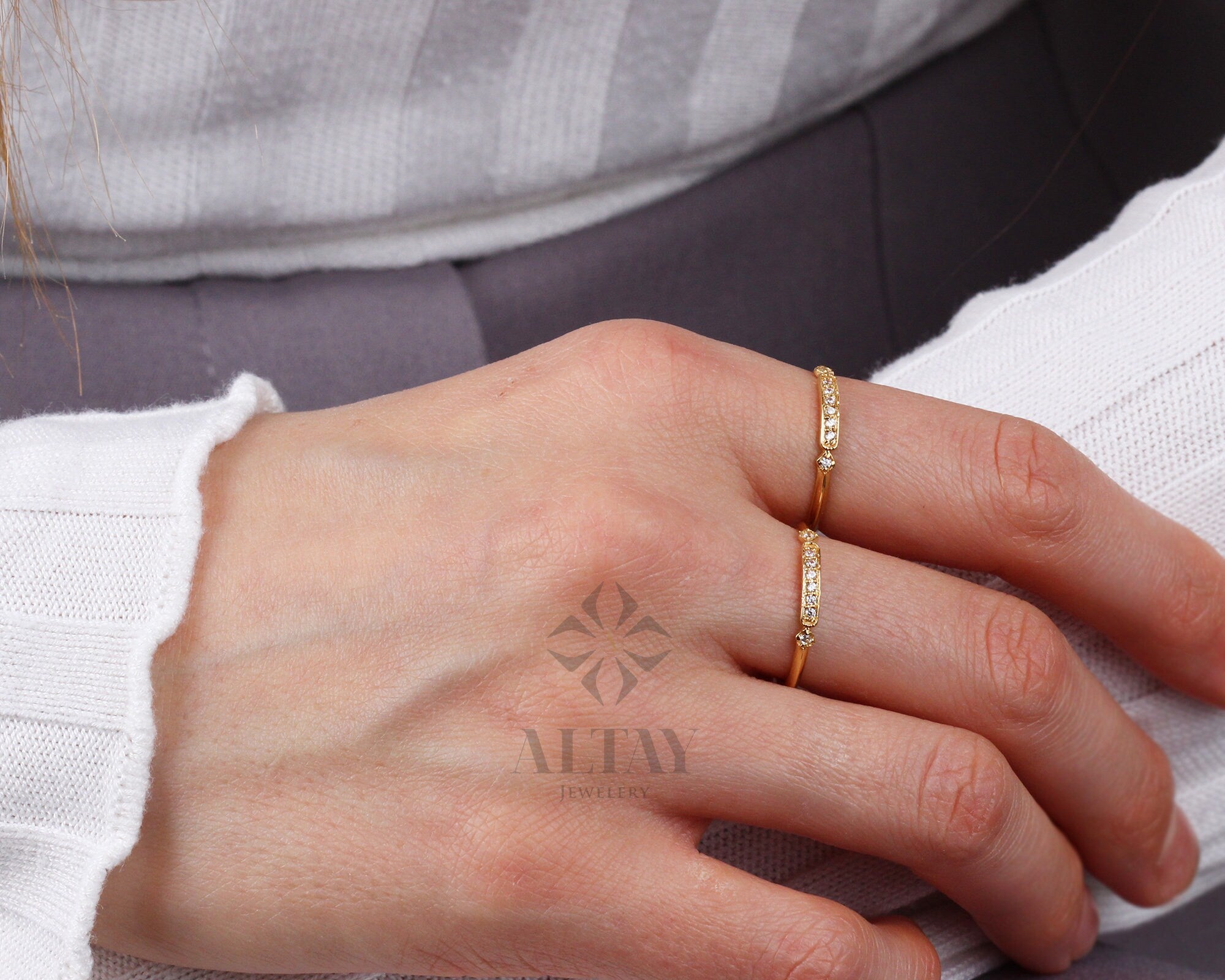 14K Gold Vintage Diamond Ring, Vintage Style Solid Gold Stackable Ring, Dainty Gold Elegant Ring, Art Deco Wedding Band Ring, Half Eternity