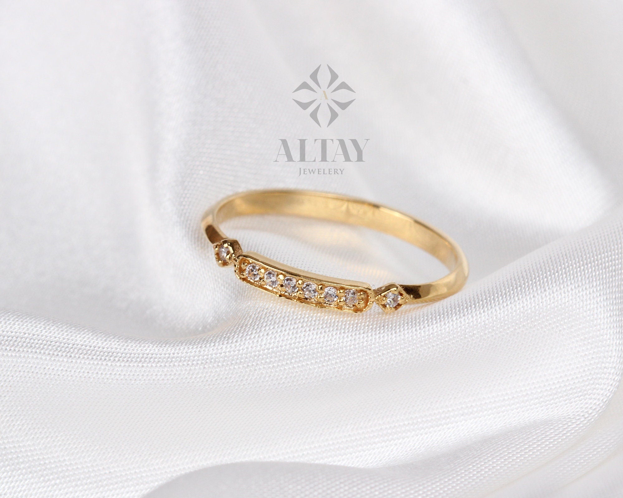 14K Gold Art Deco Wedding Band Ring, Princess Ring, Vintage Style Wedding, Half Eternity Bridal Ring, Cute Stacking Ring, Gold Promise Ring
