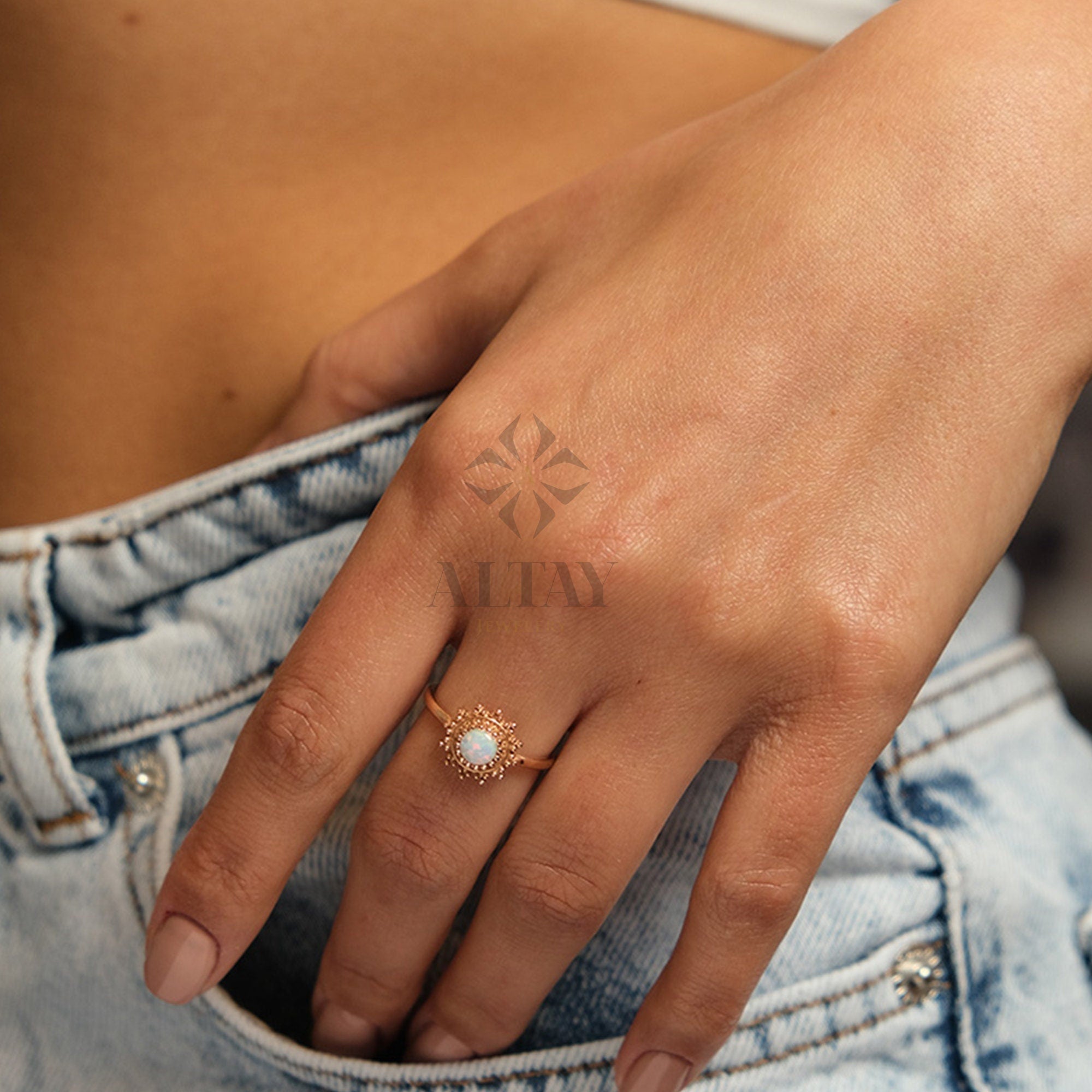 14K Gold Opal Ring, October Birthstone Ring, White Opal Stone, Round Cut Opal Ring, Mothers Day Gift, Gemstone Band, Engagement Band