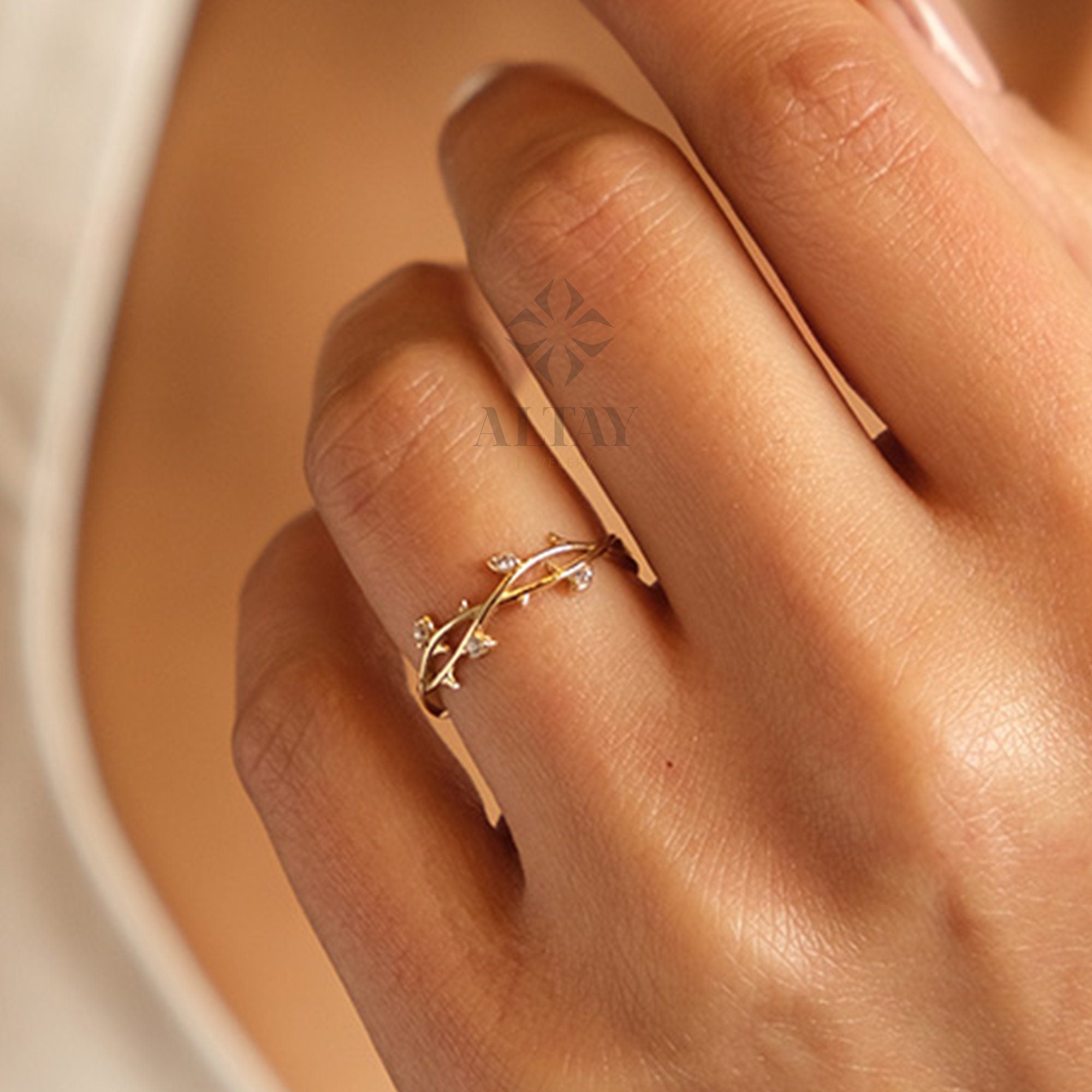 14K Gold Leaf Branch Ring, Gold Leaf Twig Ring, Gold Vine Ring, Layering Ring, Vine Ring, Laurel Ring, Nature Jewelry, Tree Ring, Gift