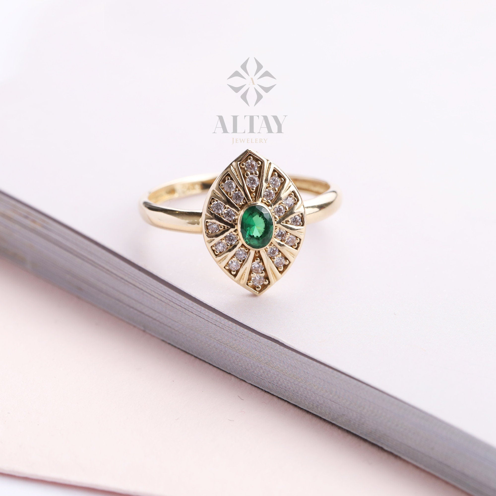 14K Gold Vintage Birthstone Ring, Gemstone Gold Stackable Ring, Dainty Gold Elegant Ring, Art Deco Wedding Band Ring, Christmas Gift