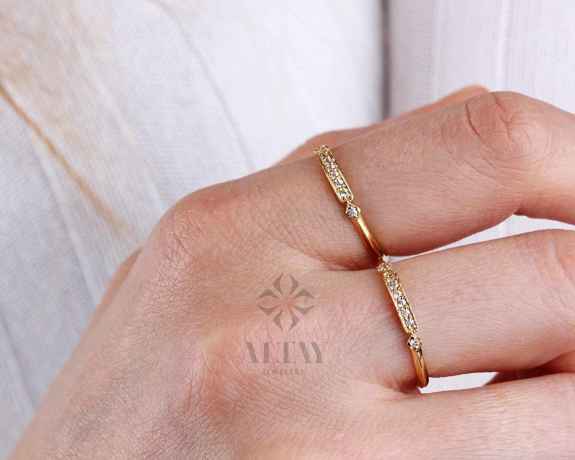 14K Gold Art Deco Wedding Band Ring, Princess Ring, Vintage Style Wedding, Half Eternity Bridal Ring, Cute Stacking Ring, Gold Promise Ring