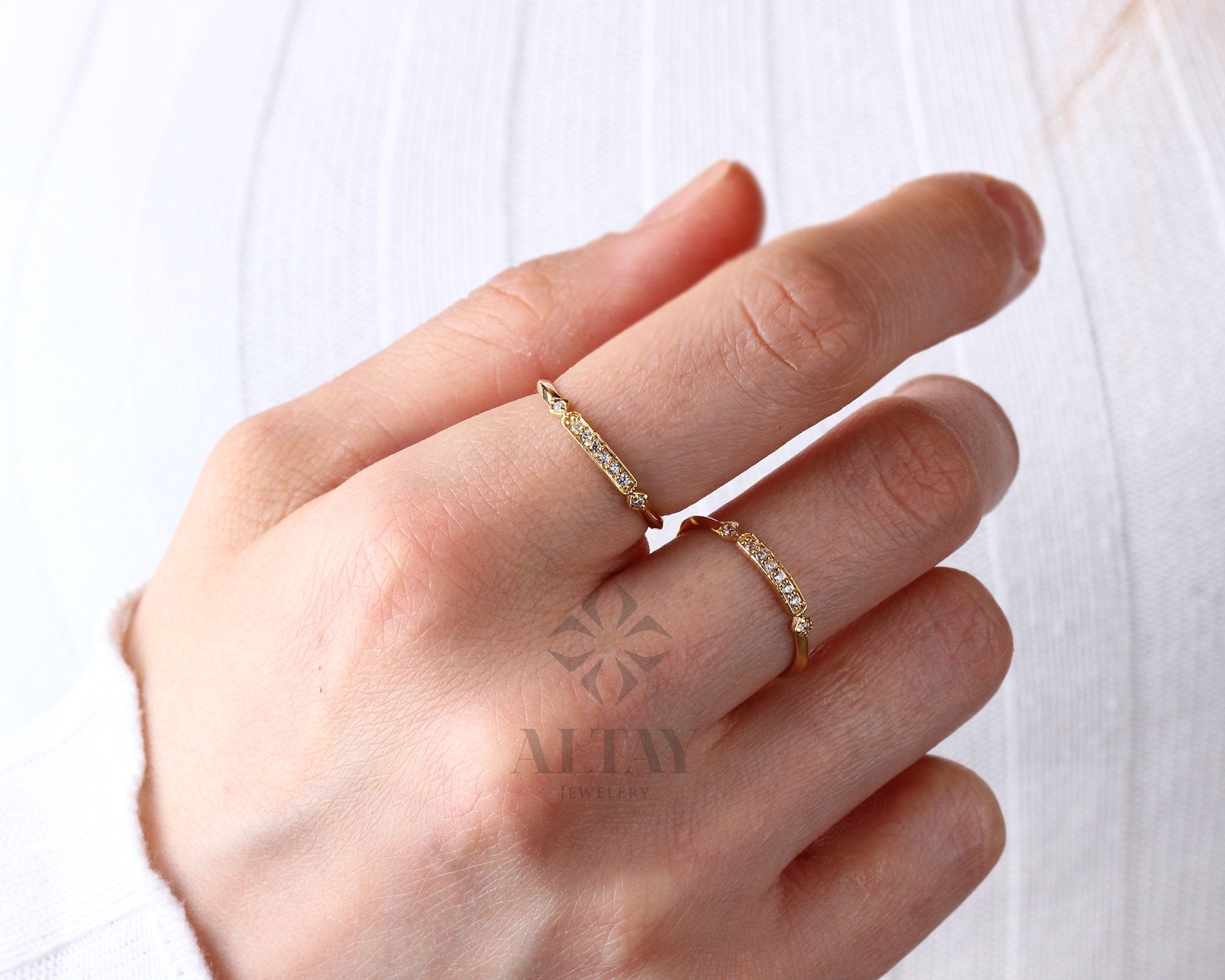 14K Gold Vintage Diamond Ring, Vintage Style Solid Gold Stackable Ring, Dainty Gold Elegant Ring, Art Deco Wedding Band Ring, Half Eternity