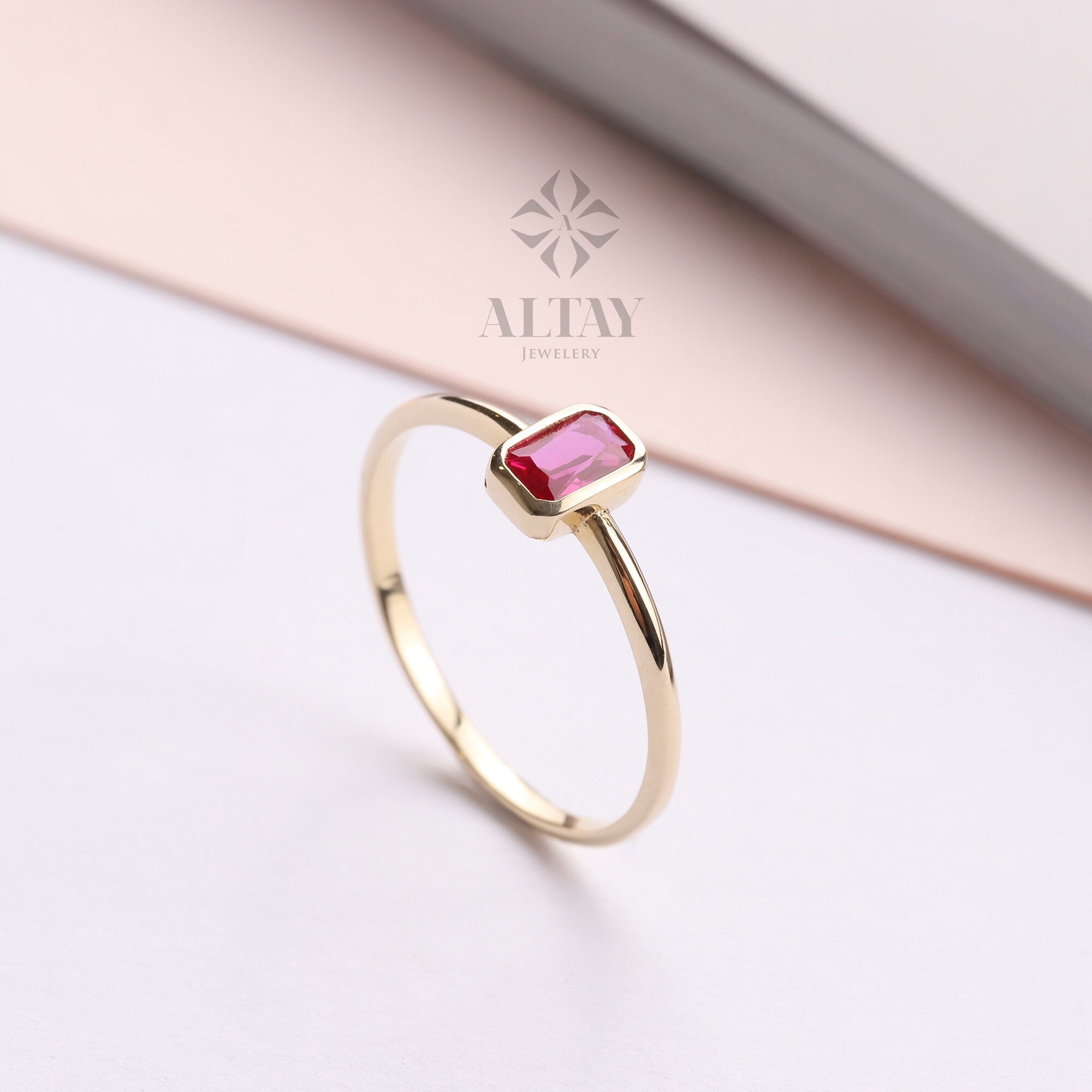 14K Gold Birthstone Ring, Baguette Gemstone, Vintage Gold Stackable Ring, Dainty Gold Elegant Ring, Art Deco Wedding Band, Gift For Her