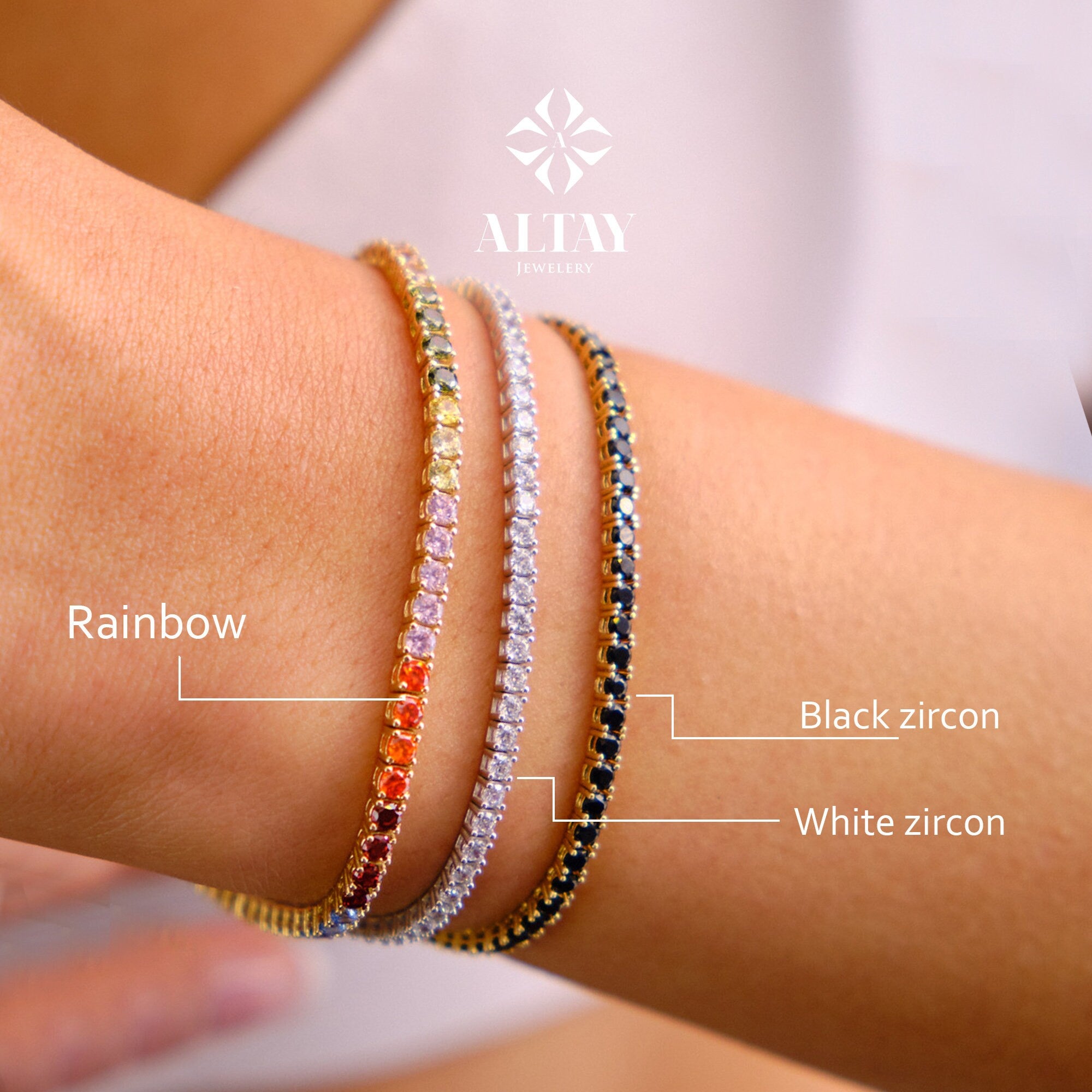 14K Gold Tennis Bracelet, 2mm Cz Diamond Tennis Bracelet, Cubic Zirconia Tennis Bracelet, Real Gold Women Bracelet, Multicolor Gold Bracelet