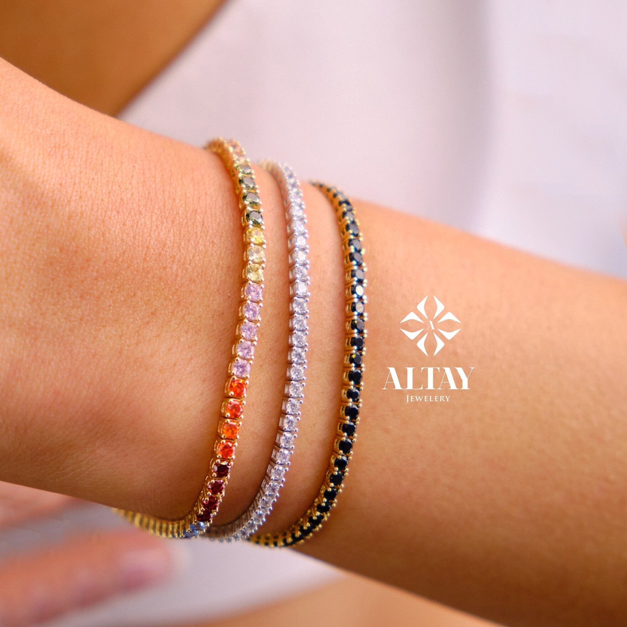 14K Gold Tennis Bracelet, 2mm Cz Diamond Tennis Bracelet, Cubic Zirconia Tennis Bracelet, Real Gold Women Bracelet, Multicolor Gold Bracelet