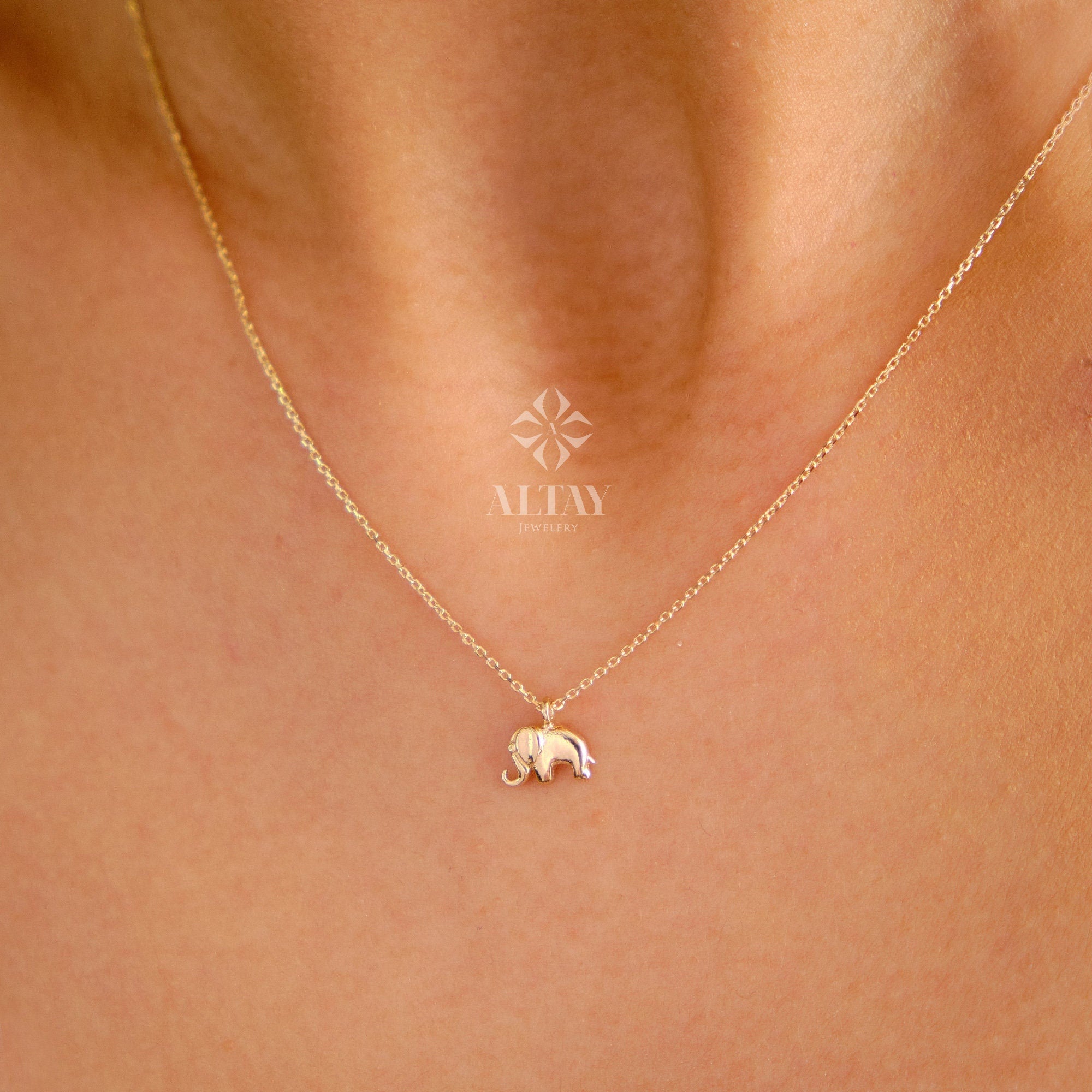 14K Gold Elephant Necklace, Elephant Pendant Necklace, Dainty Elephant Choker, Good Luck Charm, Tiny Elephant, Layering Women Necklace
