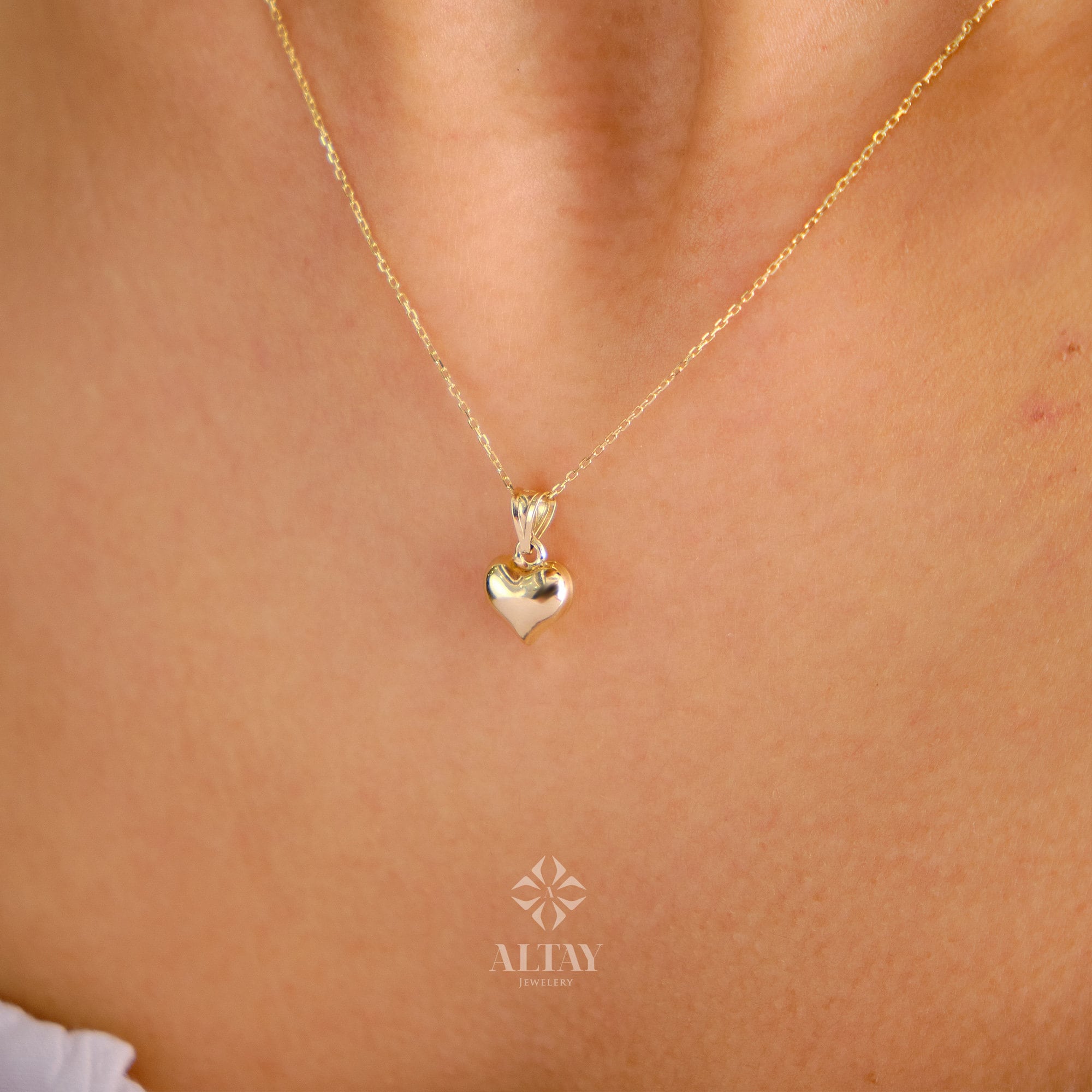14K Gold Heart Necklace, Small Heart Necklace, Mini 3D Heart Pendant, Puffy Heart Real Gold Charm, Love Pendant Choker, Gift for Her