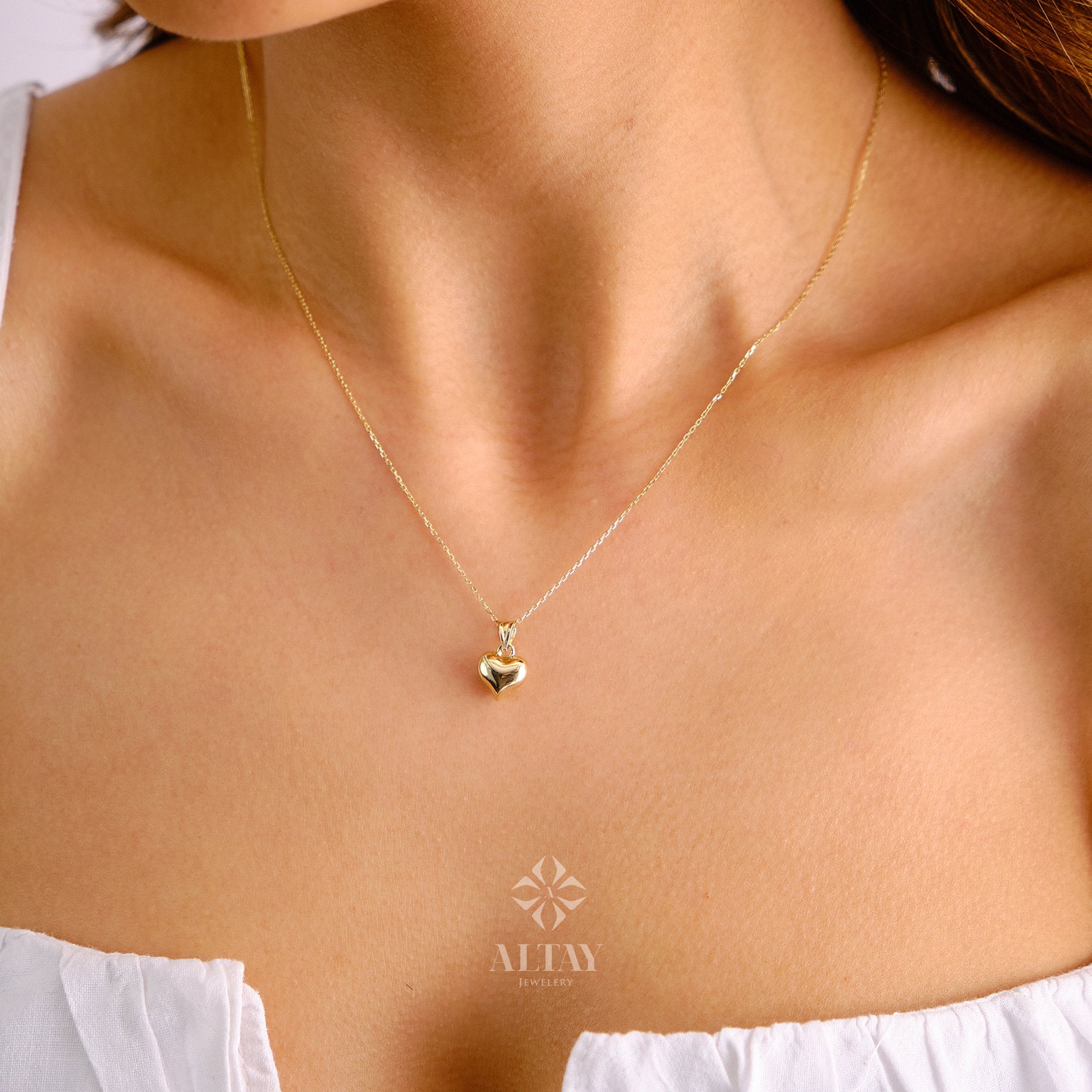 14K Gold Heart Necklace, Small Heart Necklace, Mini 3D Heart Pendant, Puffy Heart Real Gold Charm, Love Pendant Choker, Gift for Her