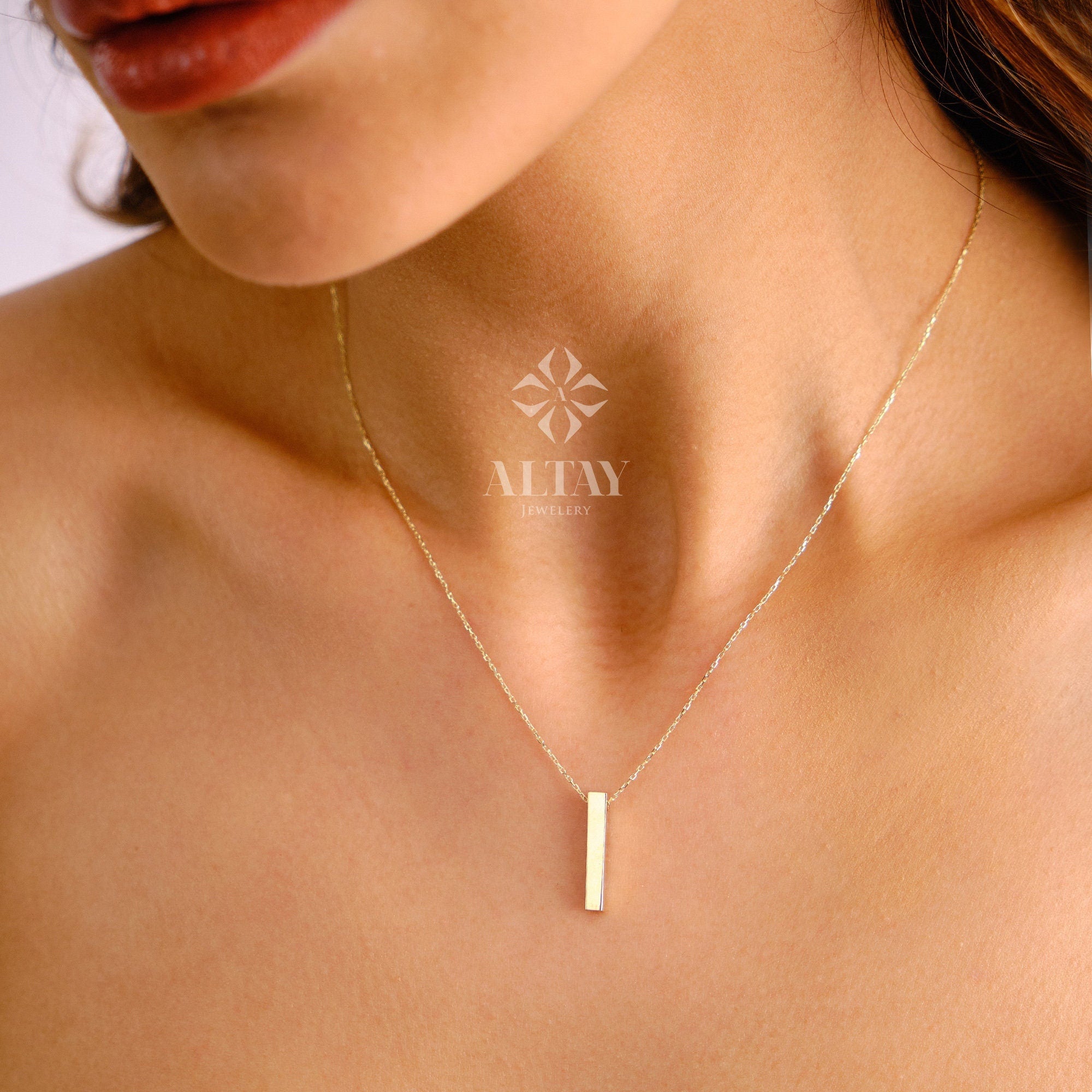 14K Gold Bar Necklace, 4 Side Engraved Necklace, 3D Gold Bar Necklace, Vertical Family Name Necklace, Coordinate Necklace, Personalized Gift