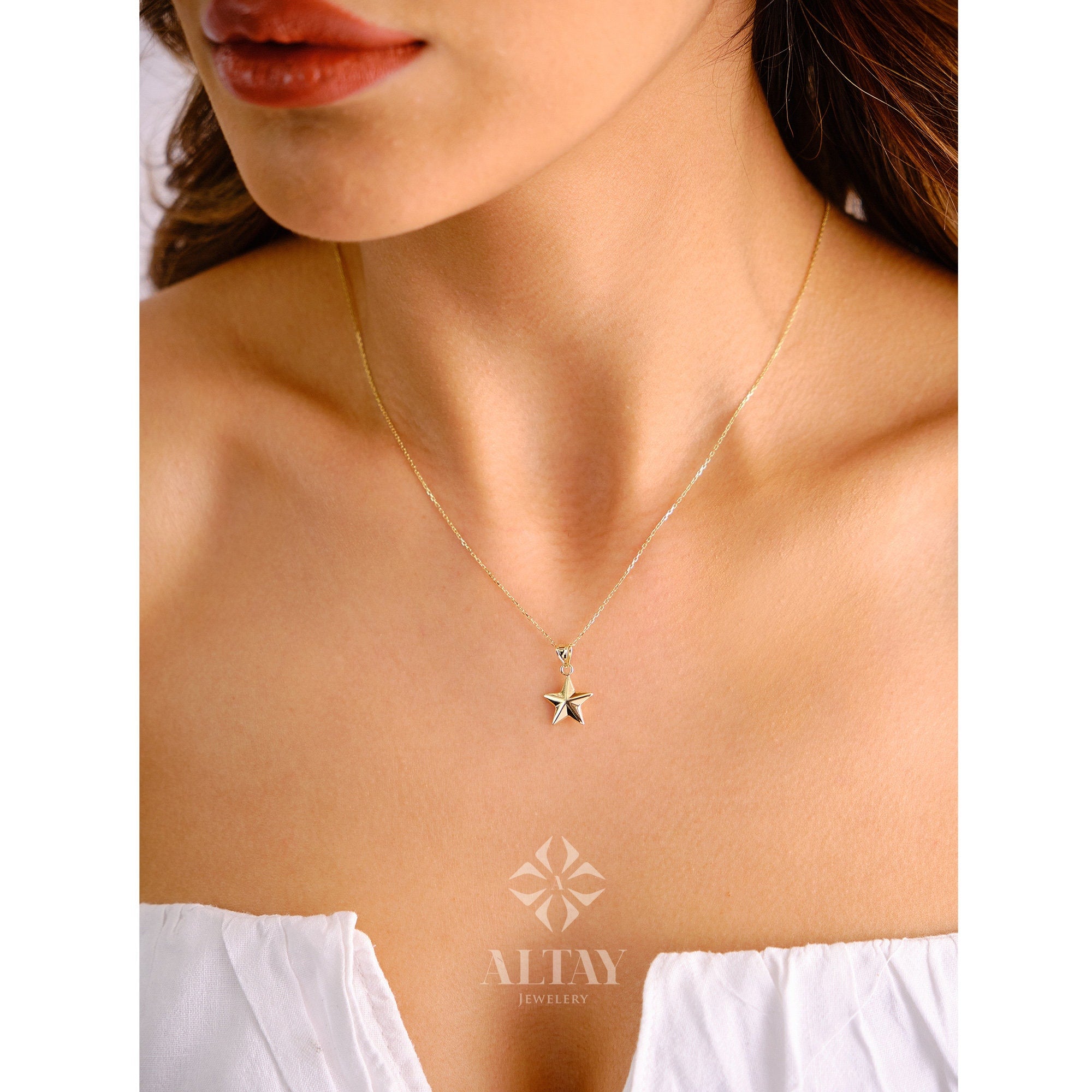 14K Gold Star Necklace, Small Star Pendant, 3D Star Charm Necklace, Stars Dainty Charm, Simple Tiny Necklace, Boho Jewelry, Gift for Her