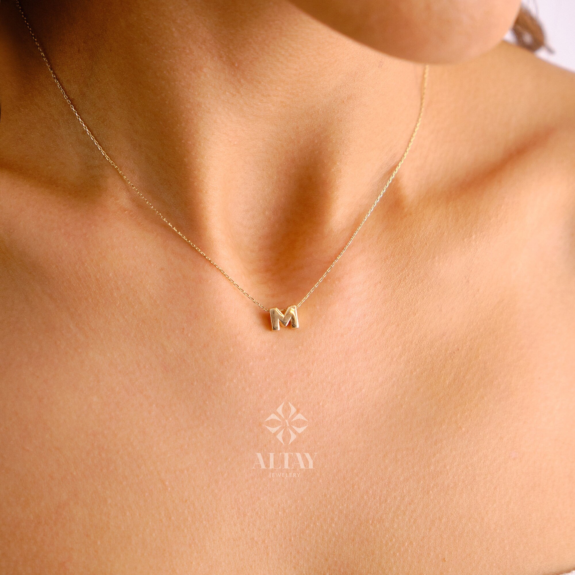 14K Solid Gold Initial Necklace, Letter Pendant Choker, Minimal Letter Charm, Name Necklace, Dainty Personalized Pendant, Gift For her
