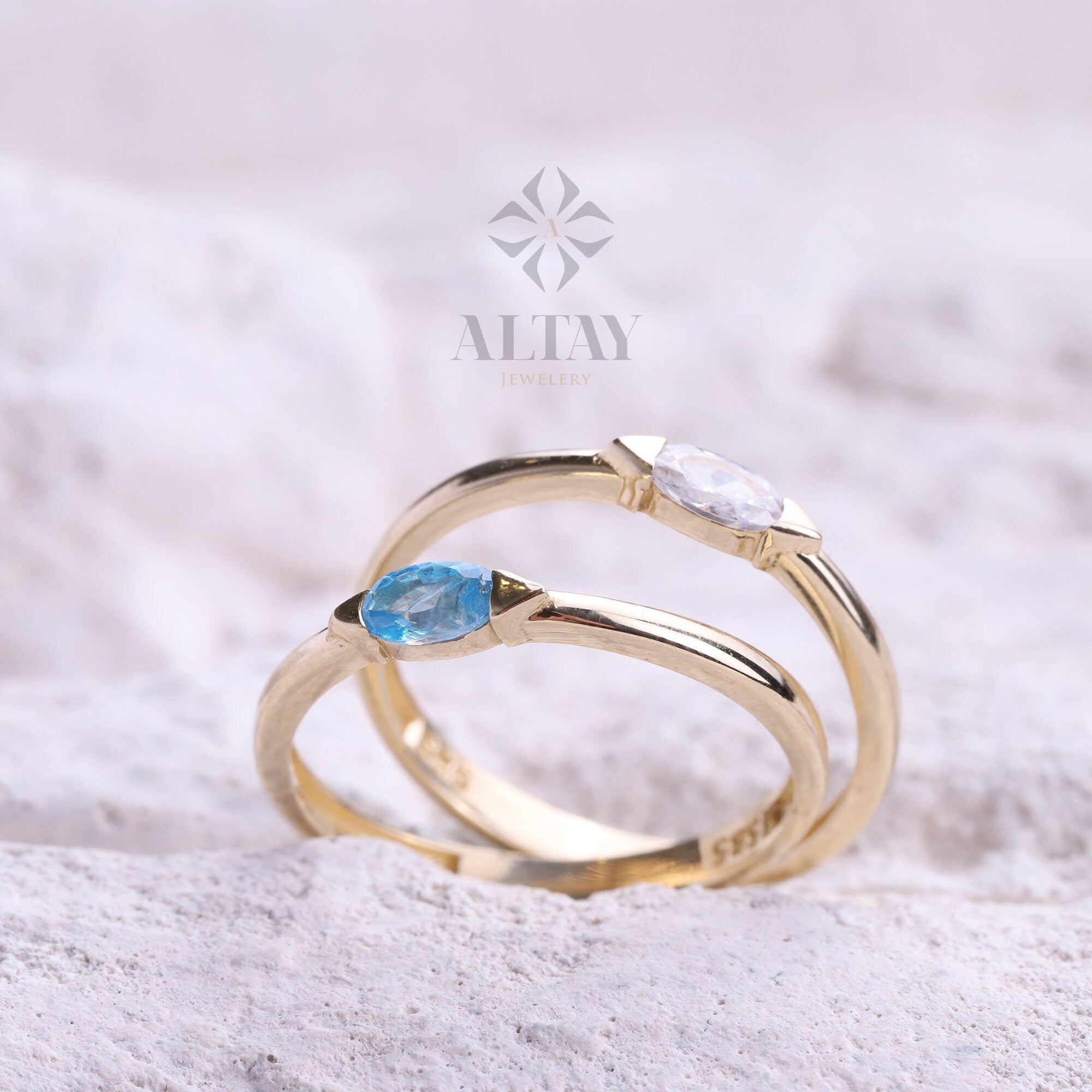 14K Solid Gold Marquise Ring, Basic Minimalist Gold Ring, Blue White Stone Engagement Ring, Simple Wedding Ring, Gold Stacking Ring Women