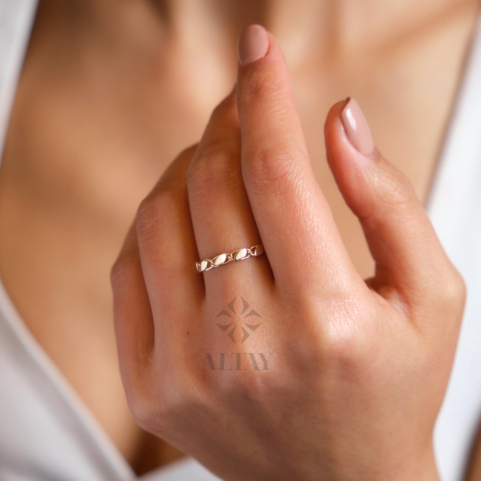 14K Solid Gold Mirror Chain Ring, 3mm Sequin Ring, Elegant Anklet Unisex Chain Band, Sparkle Wedding Delicate, Stacking, Gift For Her Him