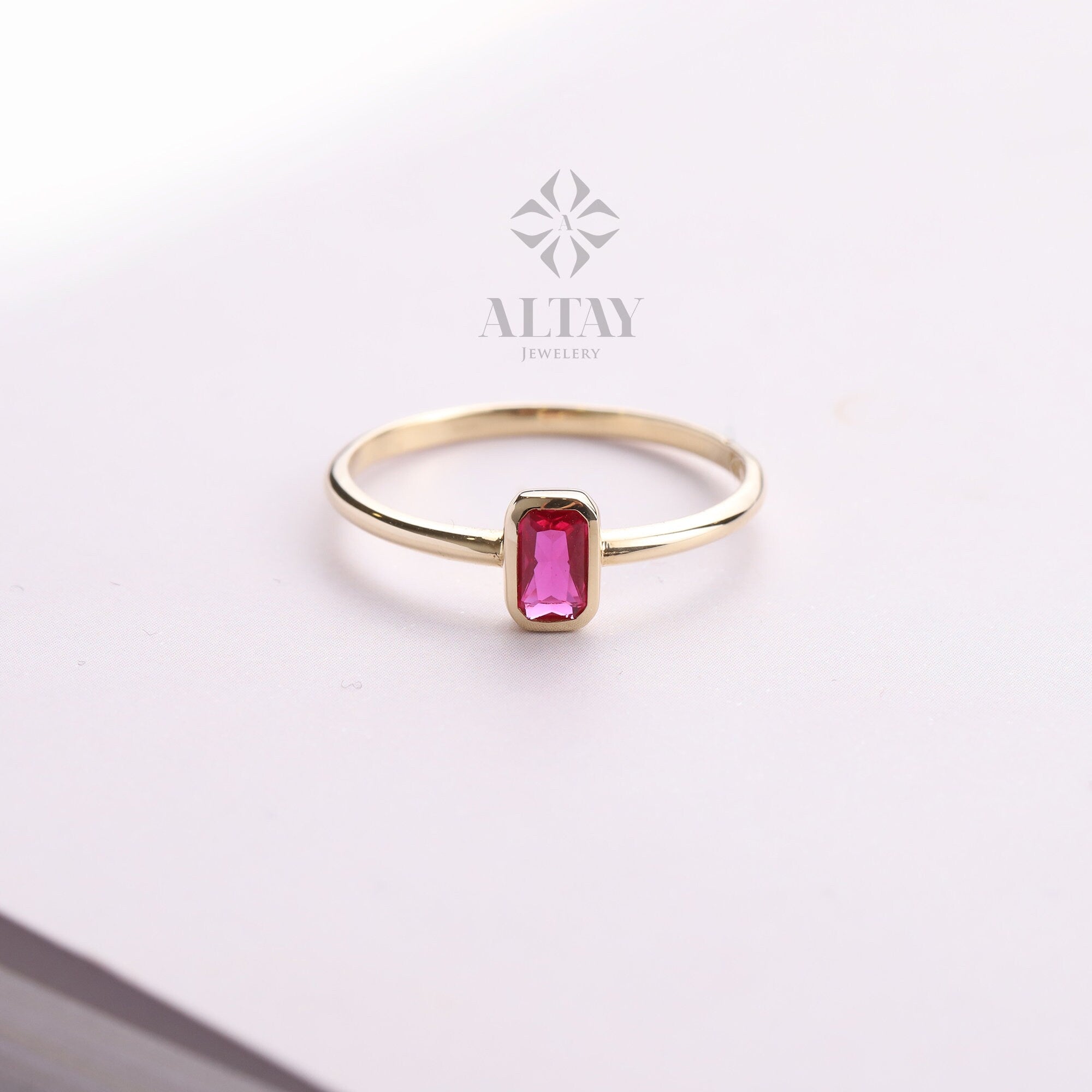 14K Gold Birthstone Ring, Baguette Gemstone, Vintage Gold Stackable Ring, Dainty Gold Elegant Ring, Art Deco Wedding Band, Gift For Her