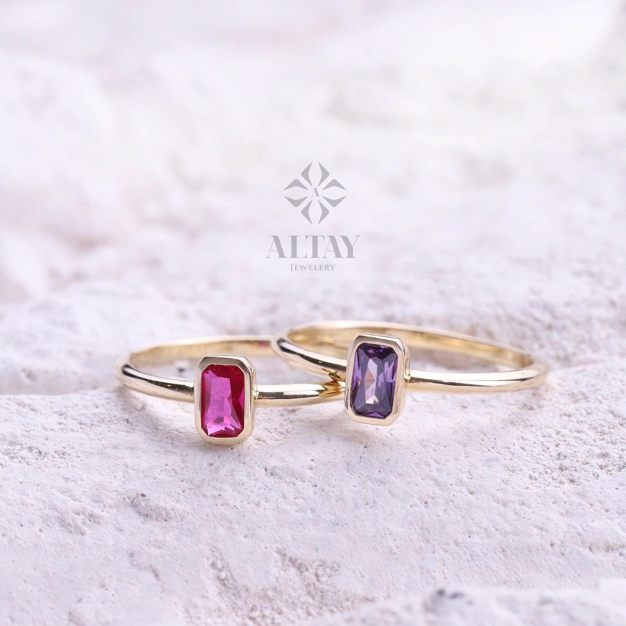 14K Gold Birthstone Ring, Baguette Gemstone, Vintage Gold Stackable Ring, Dainty Gold Elegant Ring, Art Deco Wedding Band, Gift For Her