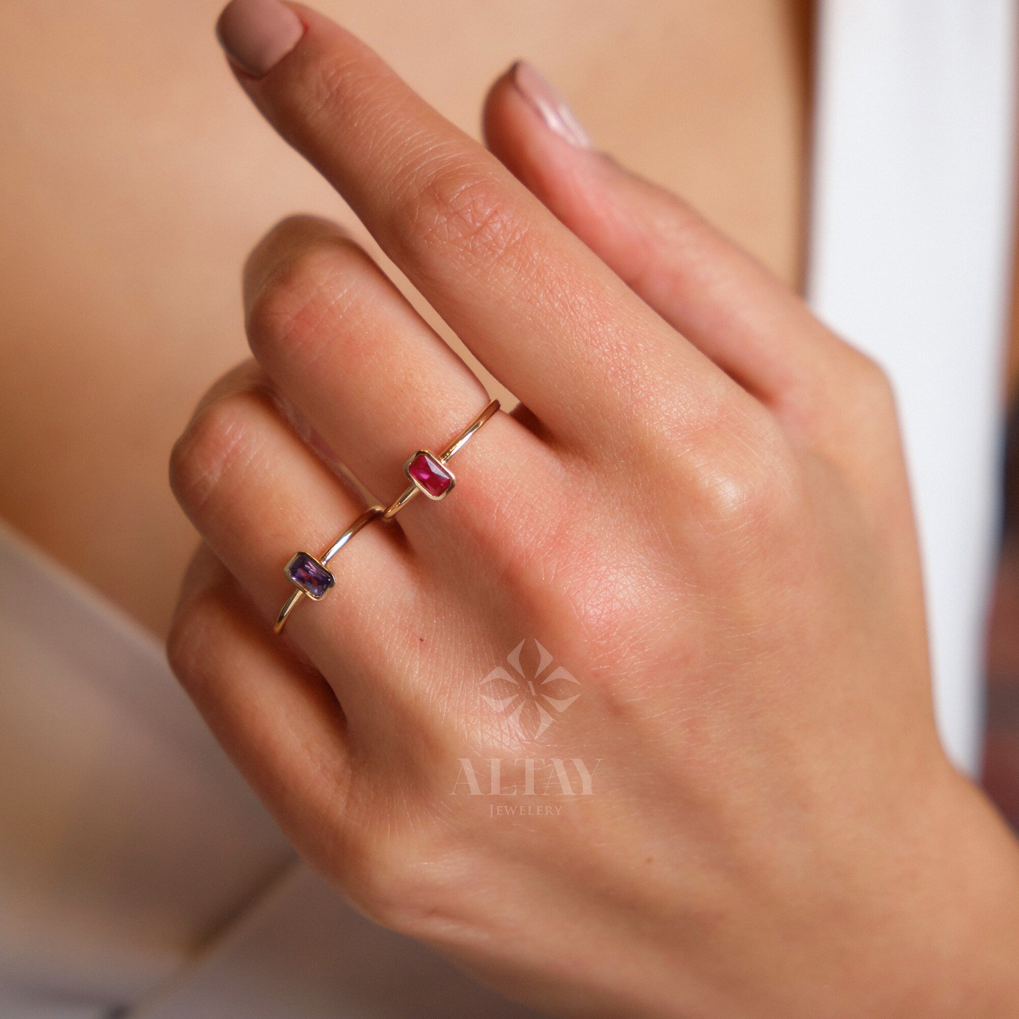 14K Gold Birthstone Ring, Baguette Gemstone, Vintage Gold Stackable Ring, Dainty Gold Elegant Ring, Art Deco Wedding Band, Gift For Her