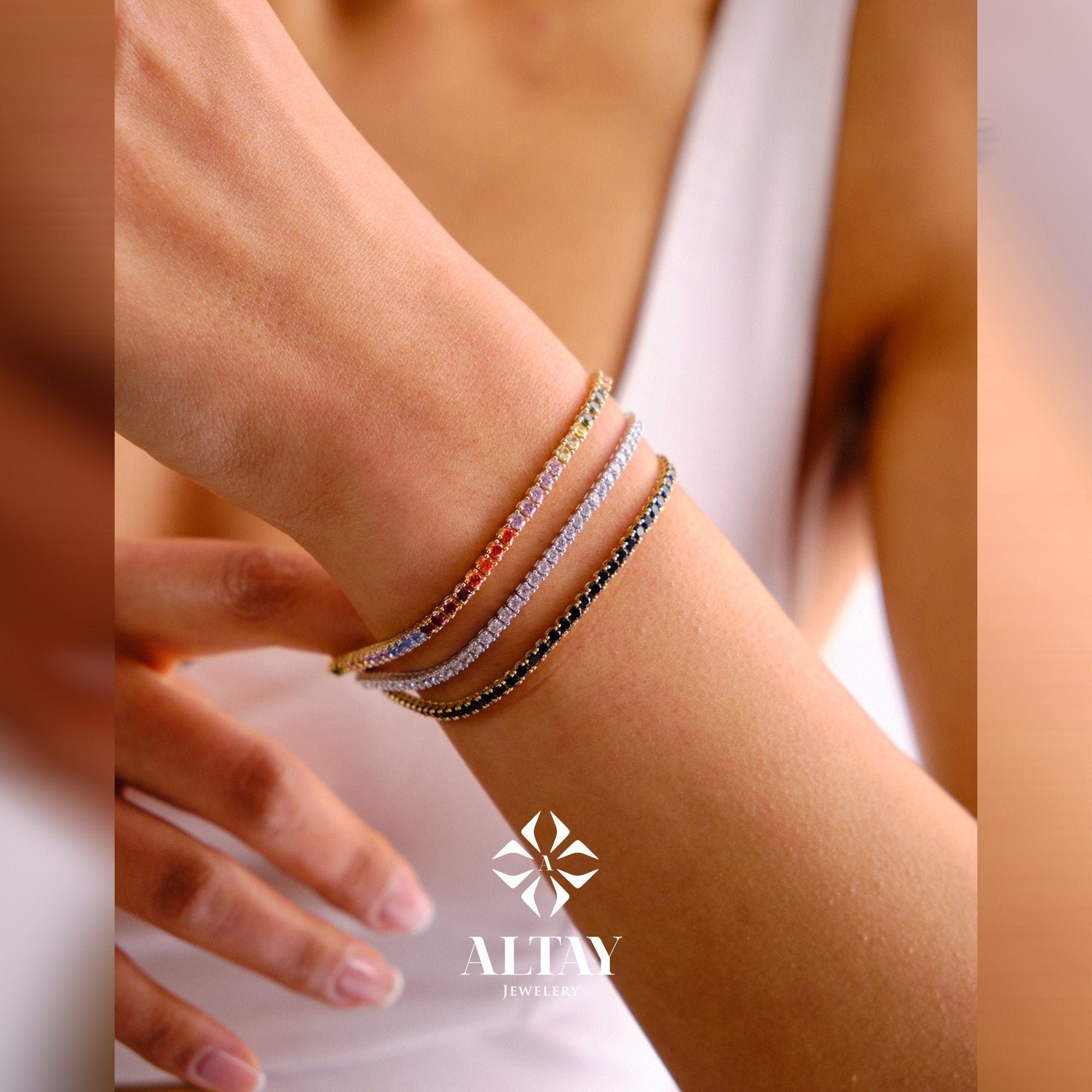 14K Gold Tennis Bracelet, 2mm Cz Diamond Tennis Bracelet, Cubic Zirconia Tennis Bracelet, Real Gold Women Bracelet, Multicolor Gold Bracelet