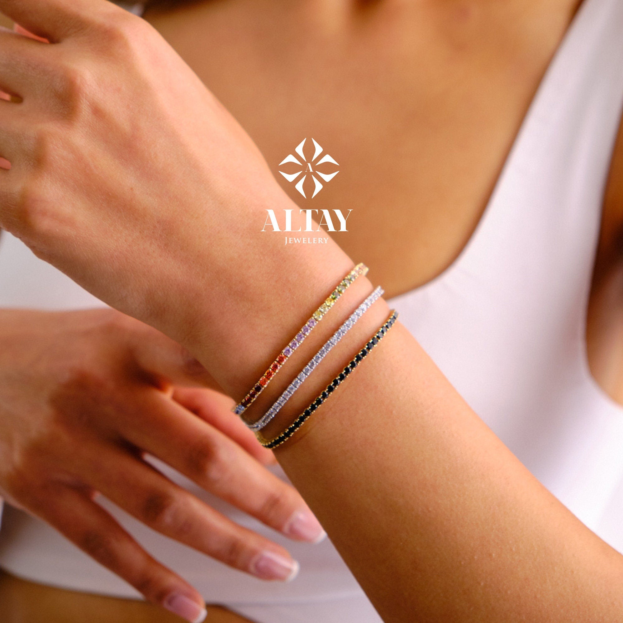 14K Gold Tennis Bracelet, 2mm Cz Diamond Tennis Bracelet, Cubic Zirconia Tennis Bracelet, Real Gold Women Bracelet, Multicolor Gold Bracelet