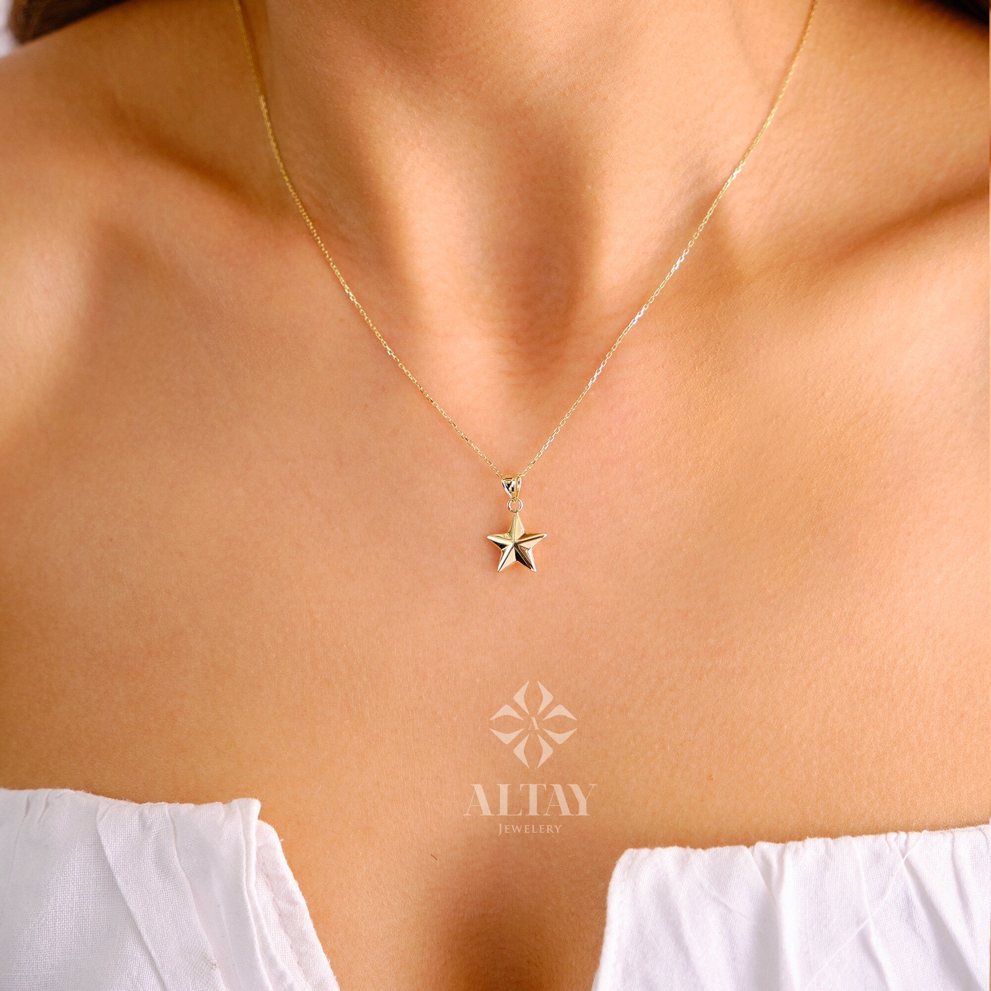 14K Gold Star Necklace, Small Star Pendant, 3D Star Charm Necklace, Stars Dainty Charm, Simple Tiny Necklace, Boho Jewelry, Gift for Her
