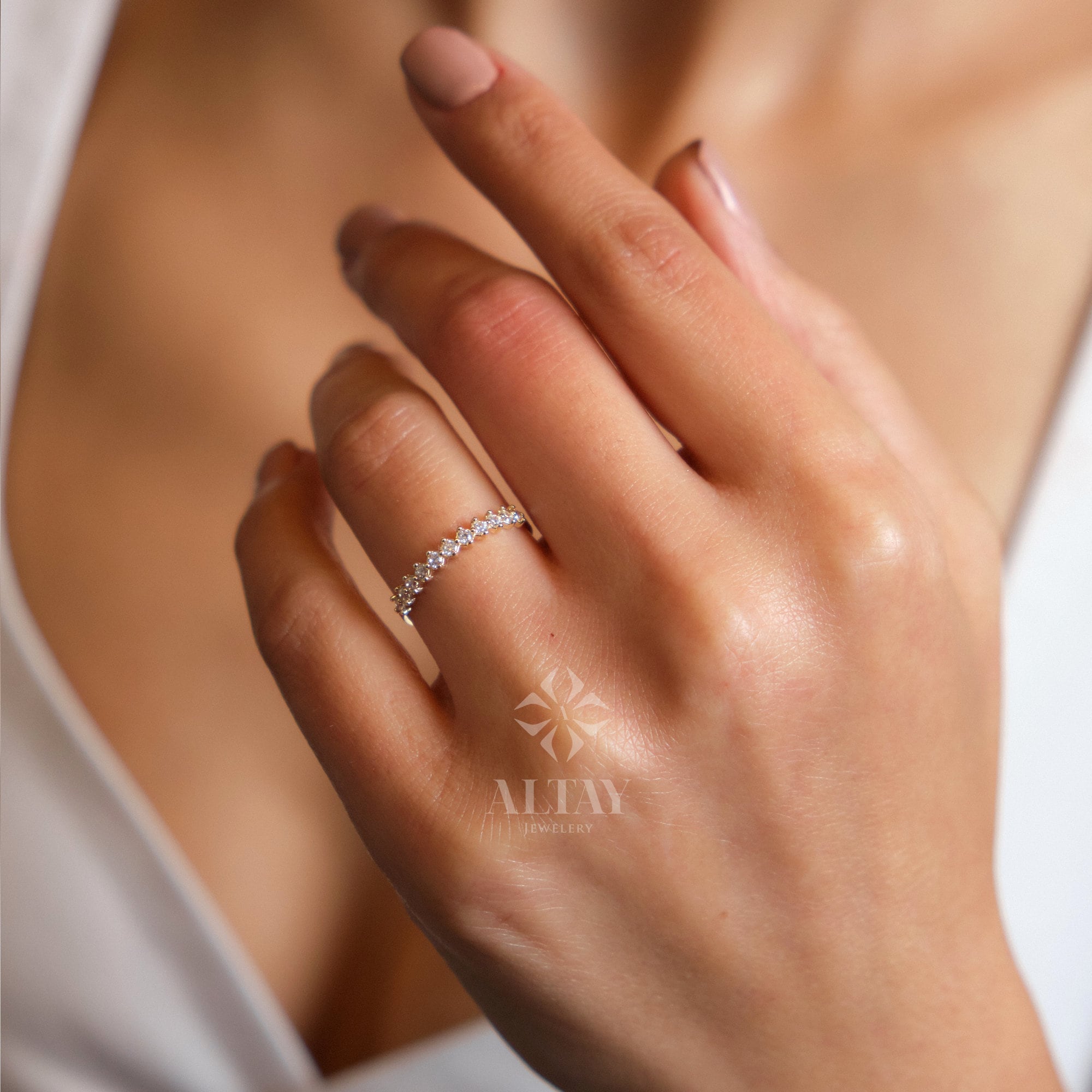 14K Gold Half Eternity Ring, 2mm CZ Diamond Wedding Ring, Round Wedding Ring, Delicate Engagement Band, Stacking Promise Ring