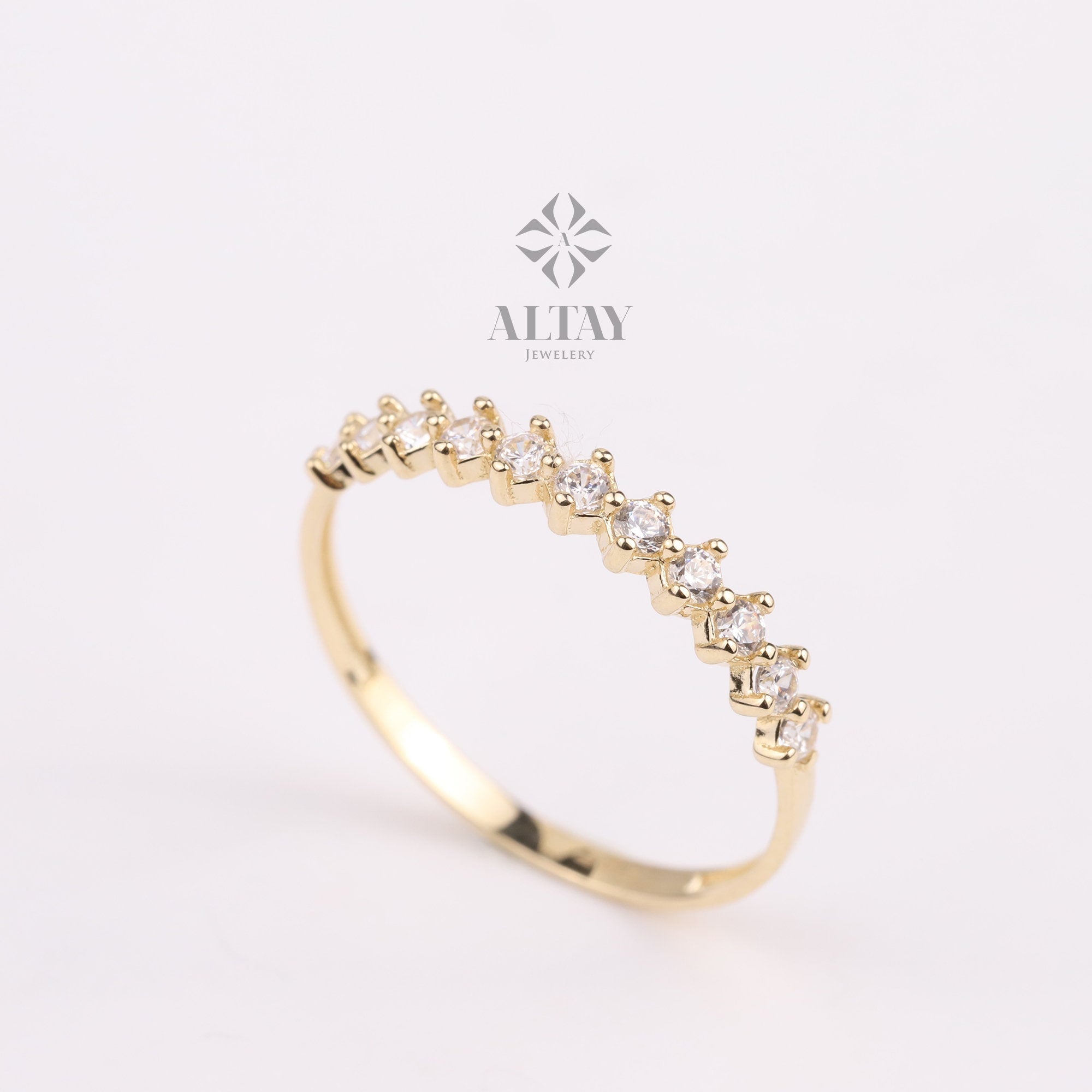 14K Gold Half Eternity Ring, 2mm CZ Diamond Wedding Ring, Round Wedding Ring, Delicate Engagement Band, Stacking Promise Ring