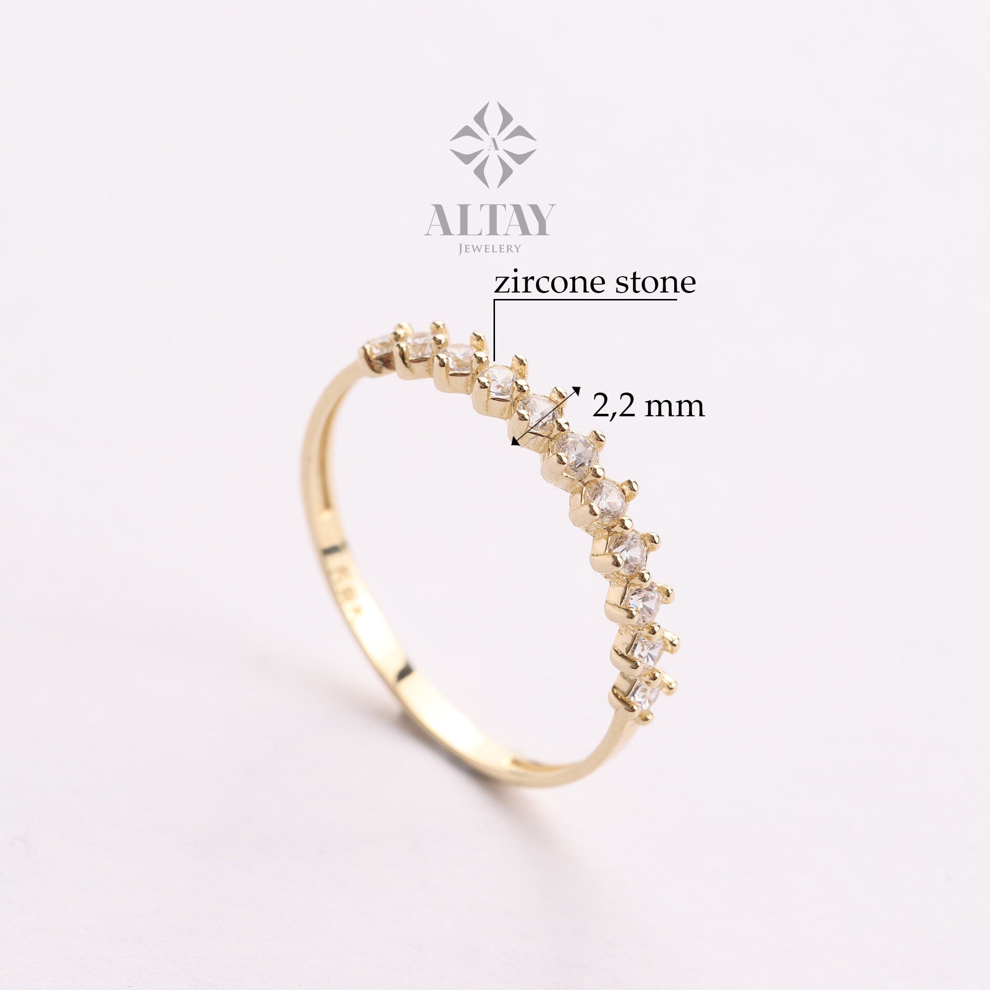 14K Gold Half Eternity Ring, 2mm CZ Diamond Wedding Ring, Round Wedding Ring, Delicate Engagement Band, Stacking Promise Ring