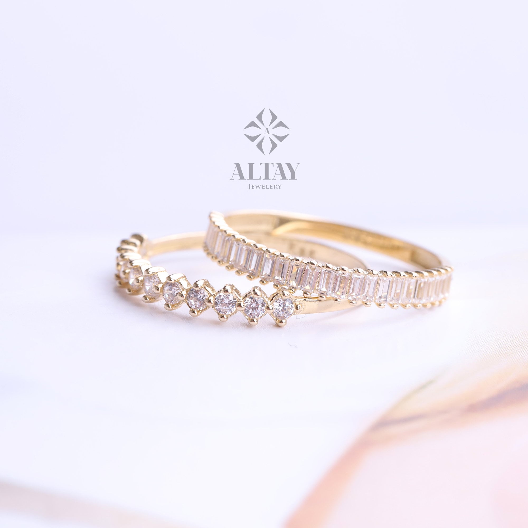 14K Gold Baguette Half Eternity Ring, CZ Diamond Wedding Ring, Baguette Wedding Ring, Delicate Engagement Band, Stacking Promise Ring