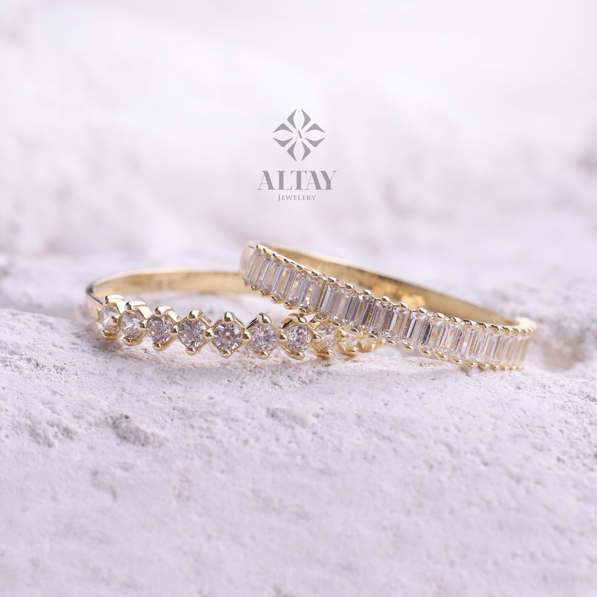 14K Gold Baguette Half Eternity Ring, CZ Diamond Wedding Ring, Baguette Wedding Ring, Delicate Engagement Band, Stacking Promise Ring