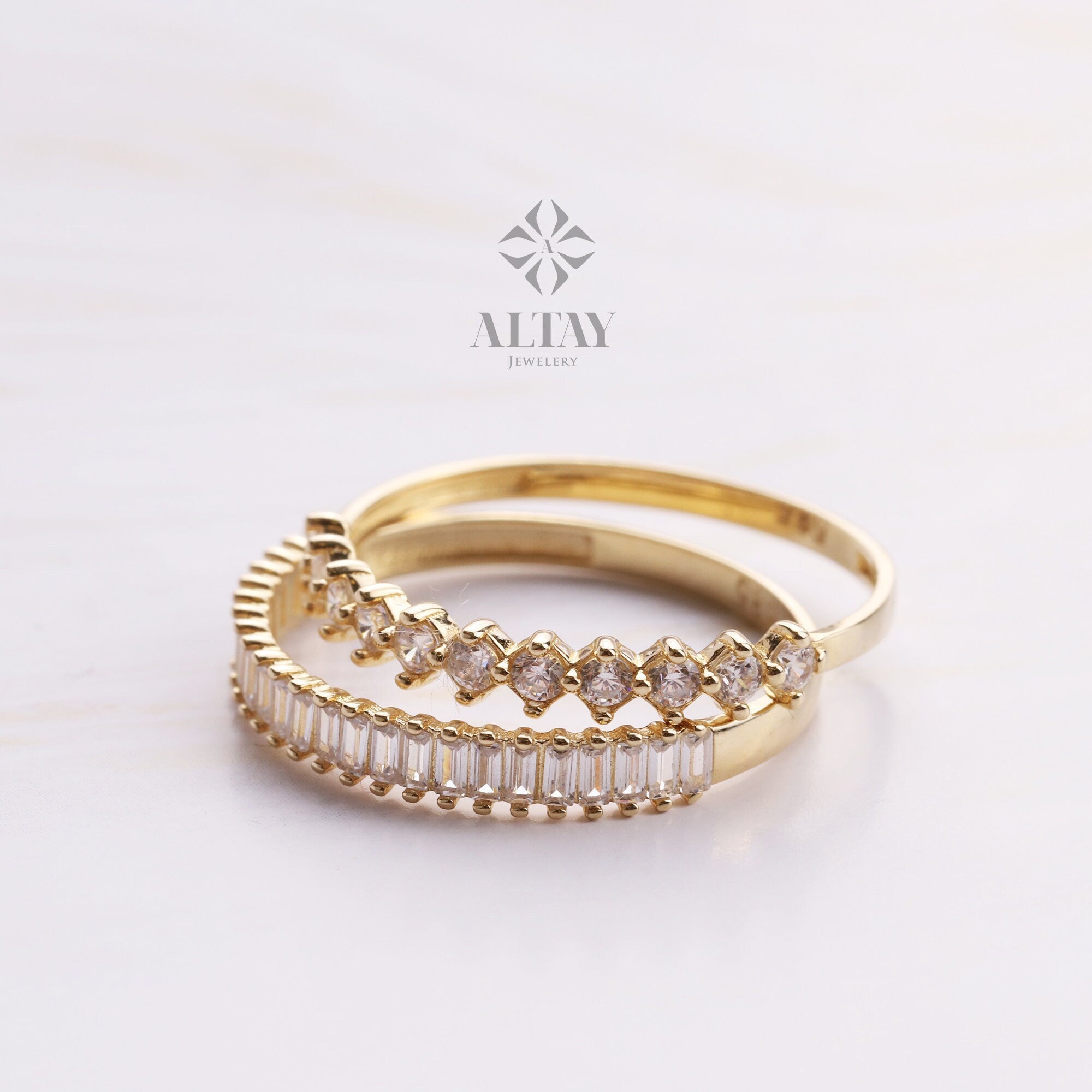 14K Gold Baguette Half Eternity Ring, CZ Diamond Wedding Ring, Baguette Wedding Ring, Delicate Engagement Band, Stacking Promise Ring