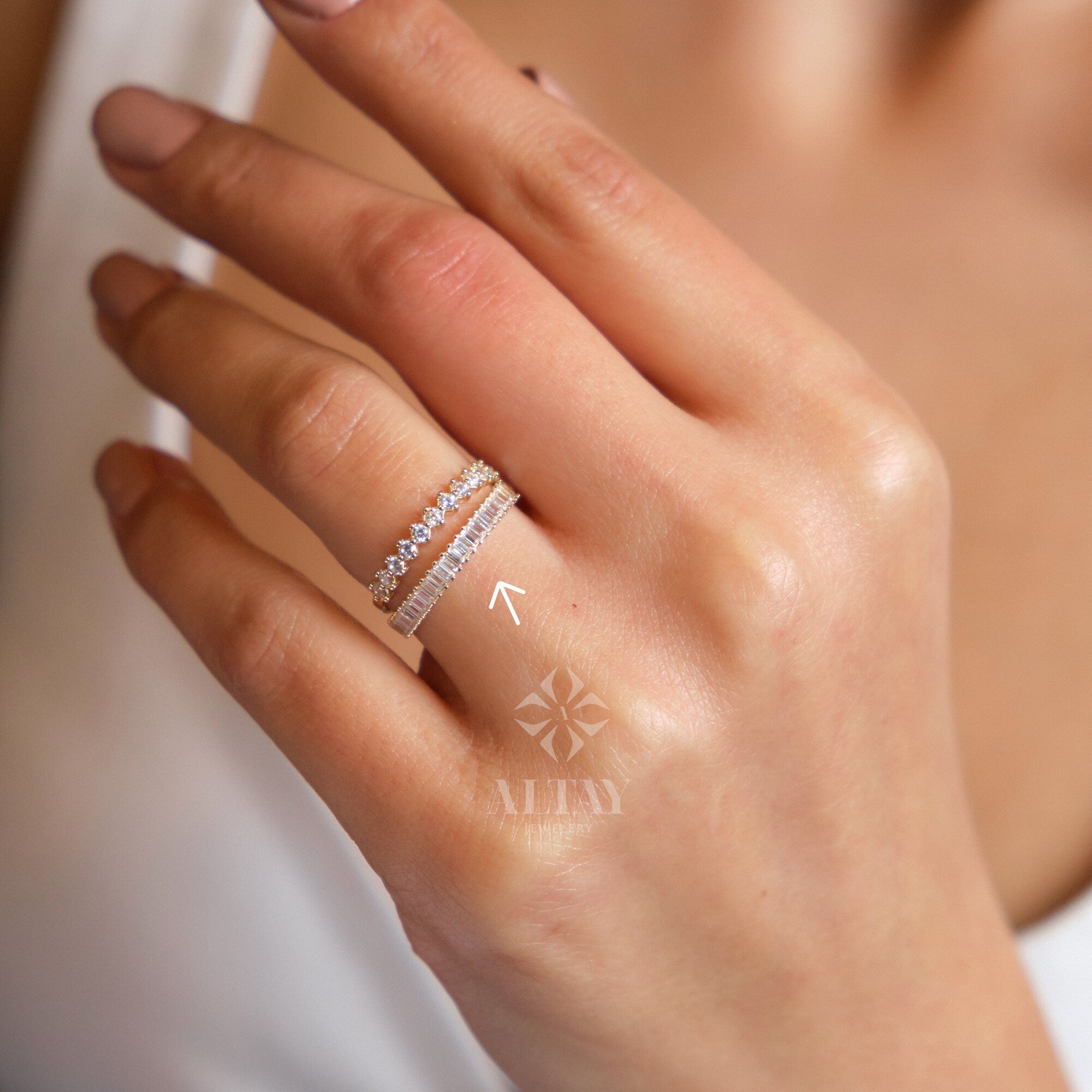 14K Gold Baguette Half Eternity Ring, CZ Diamond Wedding Ring, Baguette Wedding Ring, Delicate Engagement Band, Stacking Promise Ring