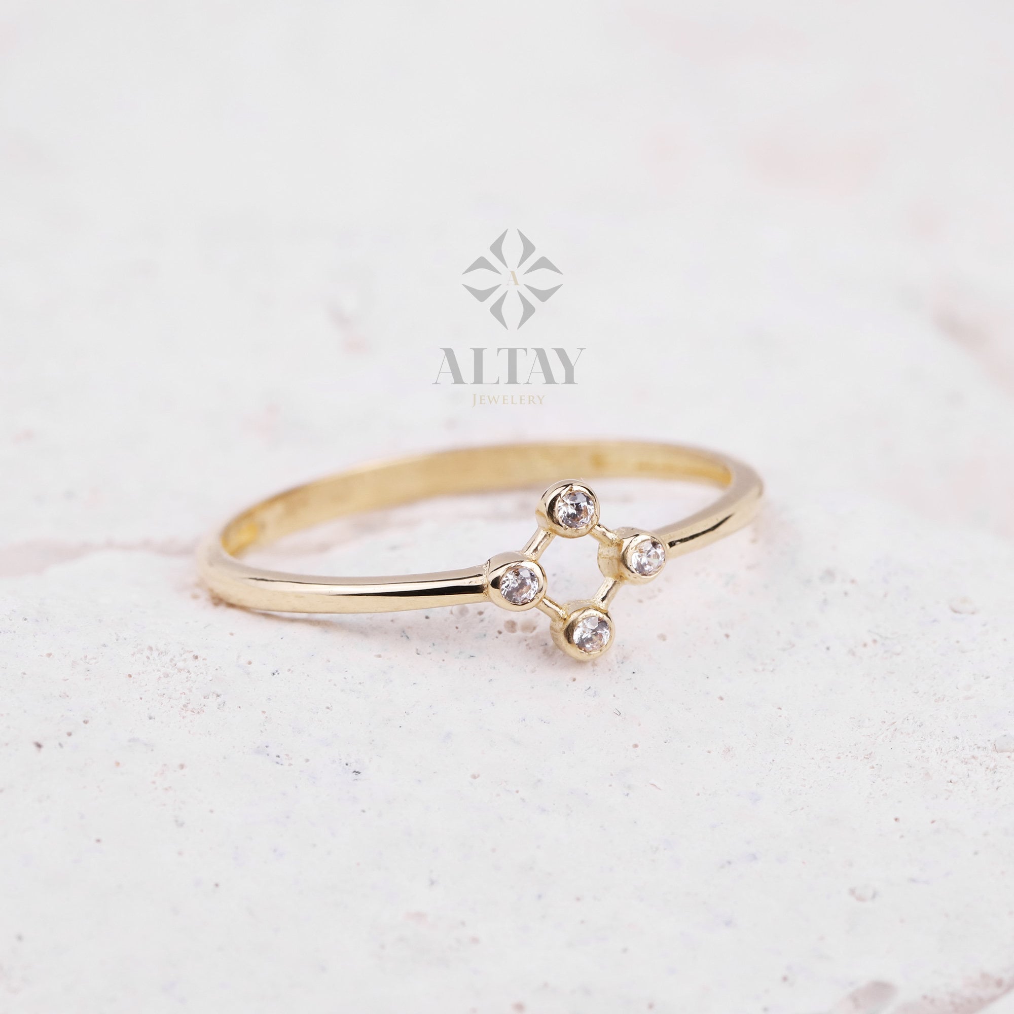 14K Gold Bezel Ring, 4 Beaded Stacking Ring, Cluster Cz ring, Engagement Ring, Anniversary Ring Women, Minimalist Stackable Jewelry