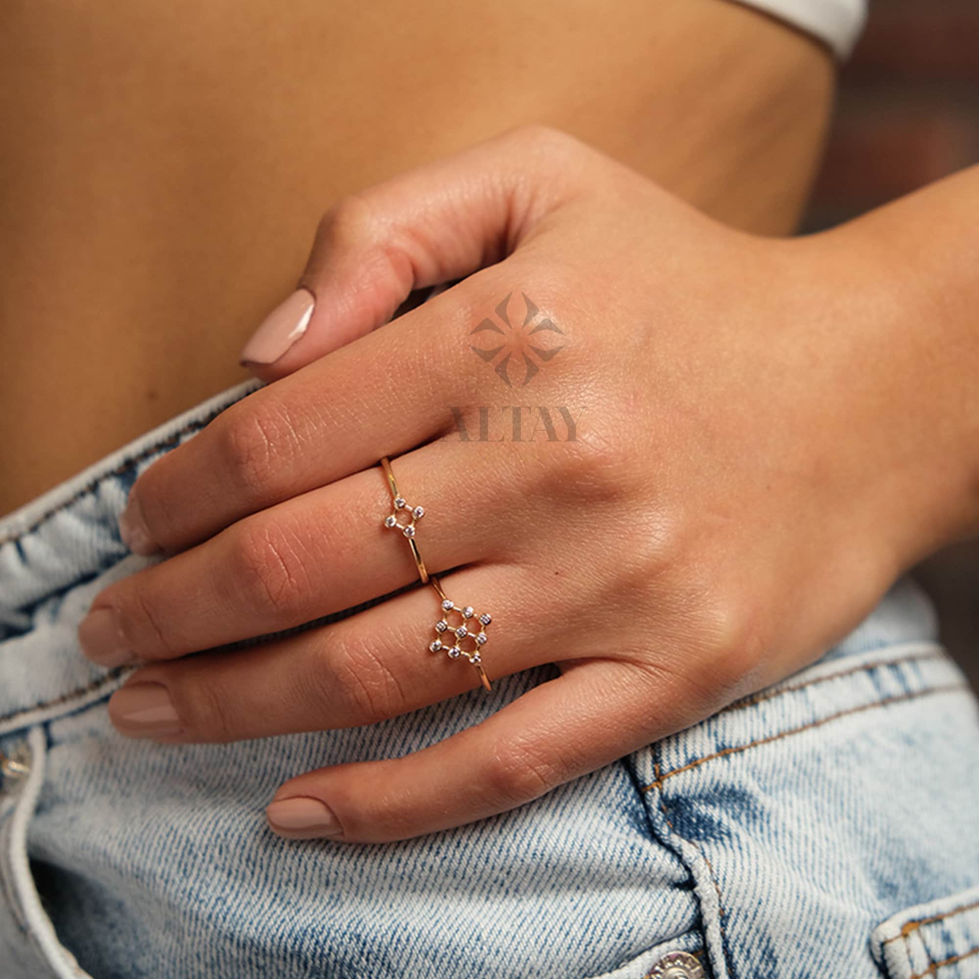 14K Gold Bezel Ring, 4 Beaded Stacking Ring, Cluster Cz ring, Engagement Ring, Anniversary Ring Women, Minimalist Stackable Jewelry