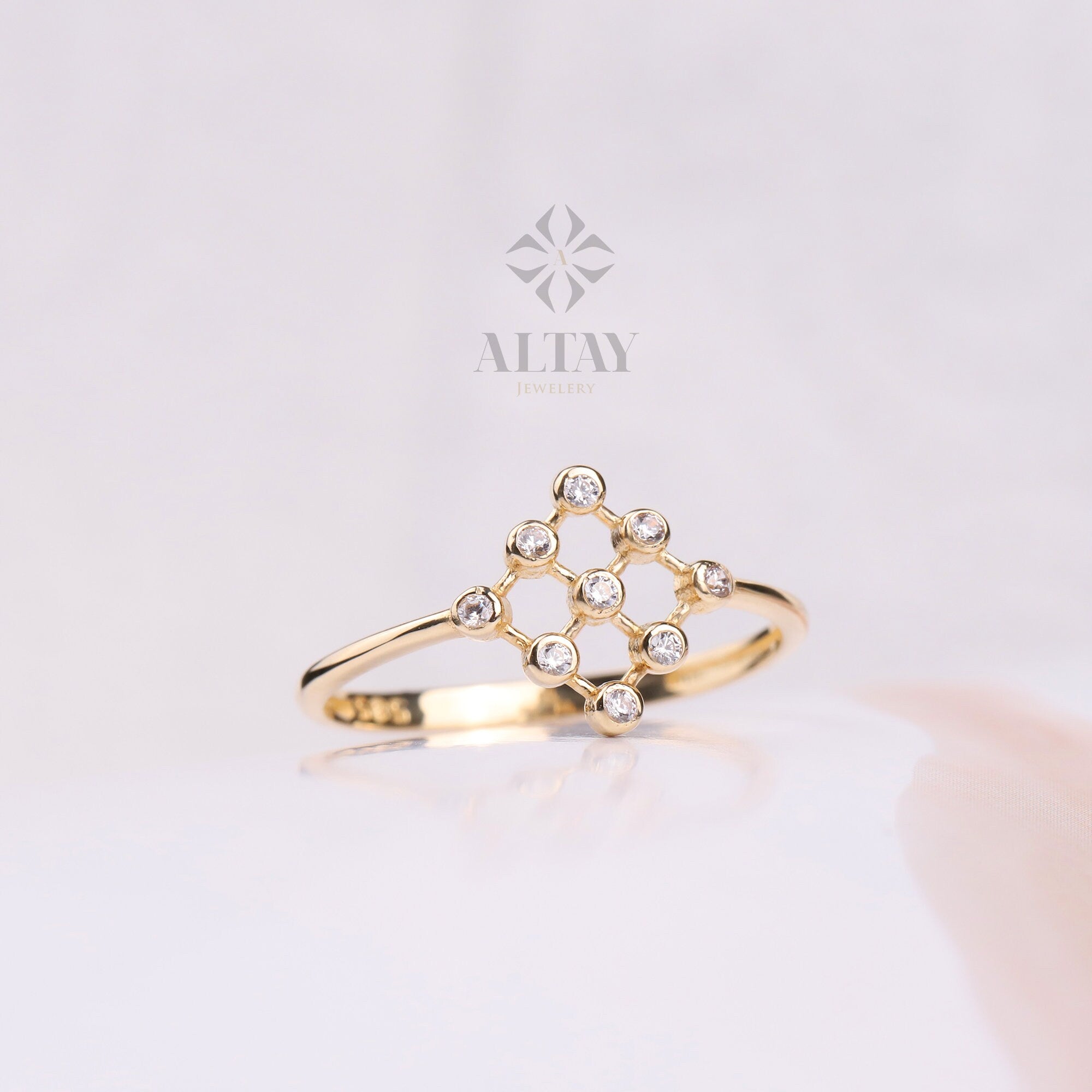 14K Gold Bezel Ring, 9 Set Cluster CZ Diamond Ring, Engagement Ring, Stacking Ring, Dainty Twist Ring, Gold Ring, Anniversary Gift For Her