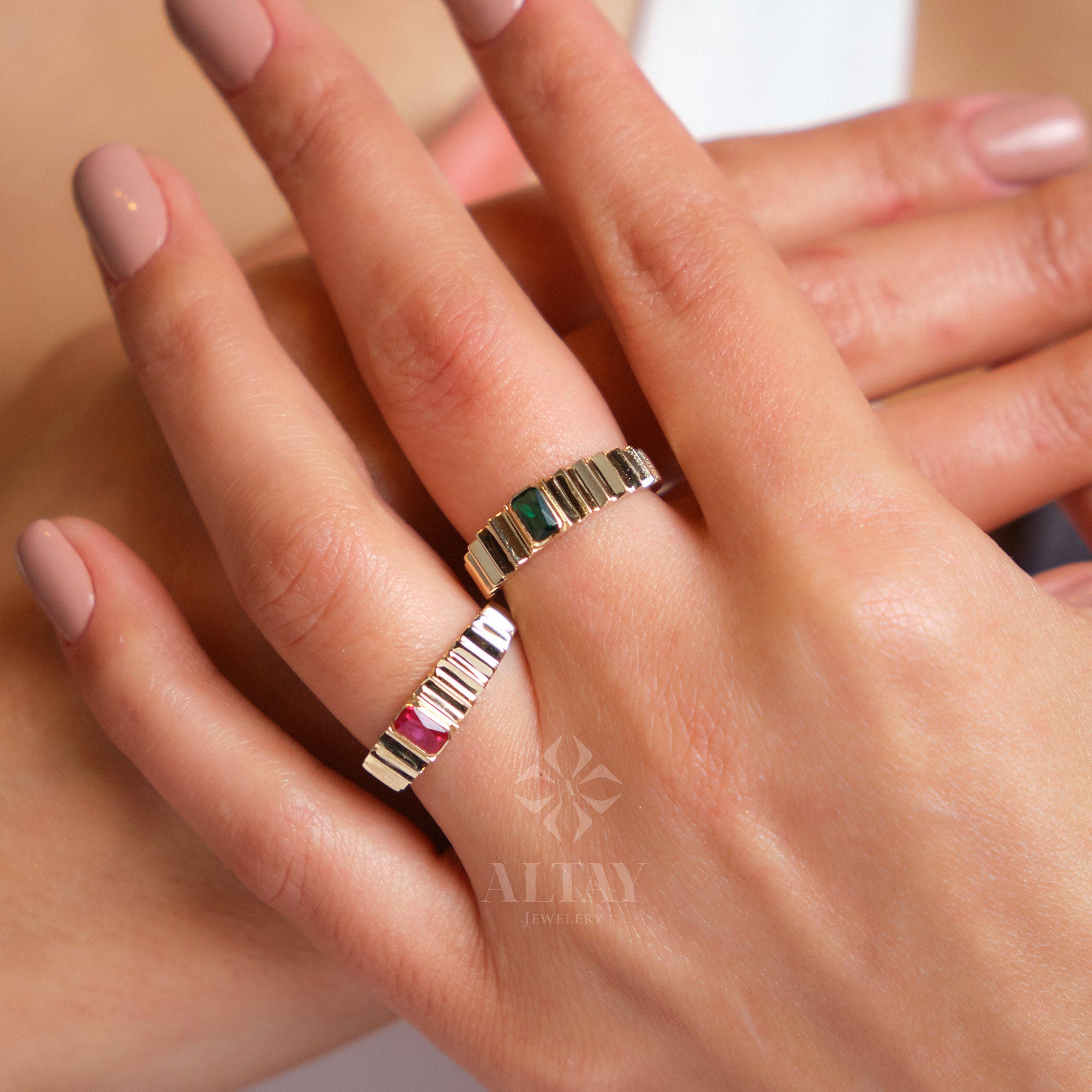 14K Gold Birthstone Ring, Emerald Gemstone Vintage Gold Stackable Ring, Dainty Gold Elegant Ring, Art Deco Wedding Band, Half Eternity