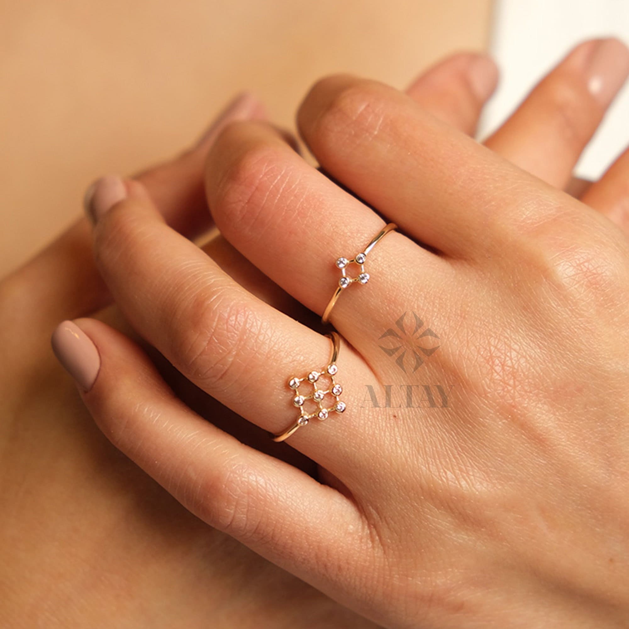 14K Gold Bezel Ring, 4 Beaded Stacking Ring, Cluster Cz ring, Engagement Ring, Anniversary Ring Women, Minimalist Stackable Jewelry