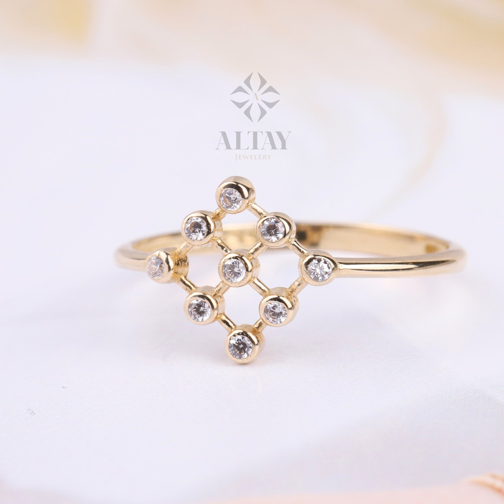 14K Gold Bezel Ring, 9 Set Cluster CZ Diamond Ring, Engagement Ring, Stacking Ring, Dainty Twist Ring, Gold Ring, Anniversary Gift For Her