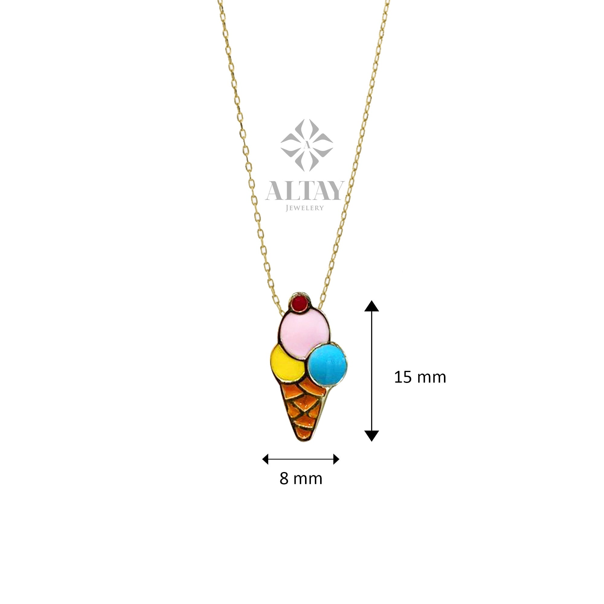 14K Gold Ice Cream Necklace, Ice Cream Pendant, Ice Cream Cone Charm, Enamel Necklace, Colorful Necklace, Summer Choker, Gift For Wife