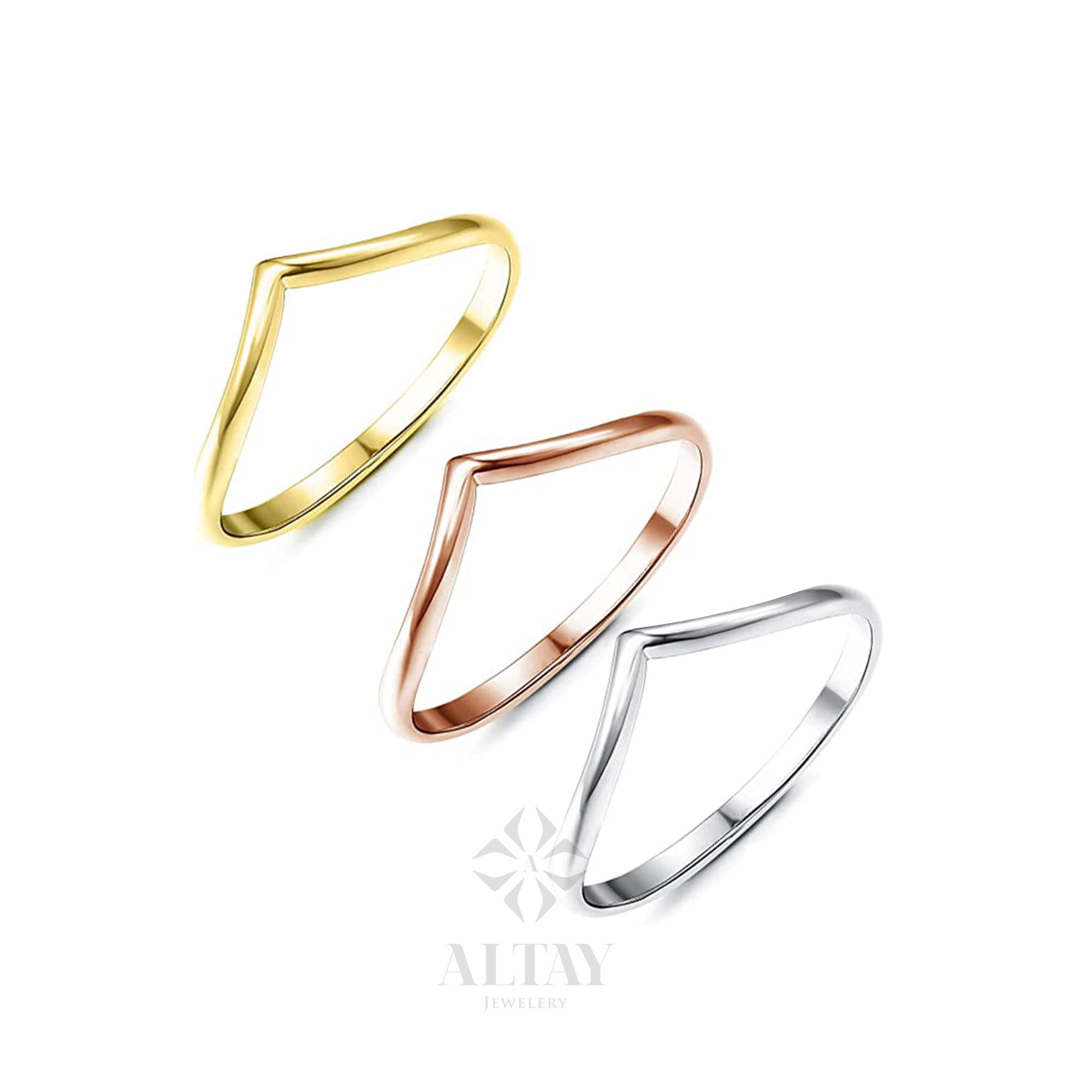 14K Gold Chevron Ring, V Ring, Gold Curved Band, Chevron Stackable Knuckle Ring, Stacking Nesting Band, Wave Band, Minimalist Matching Ring