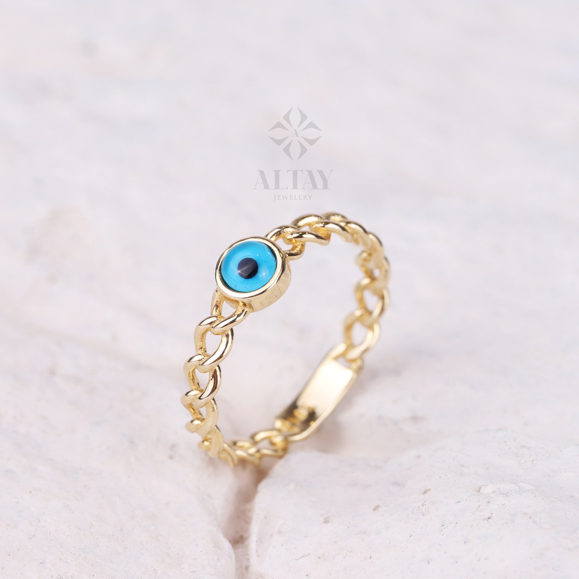 14K Gold Evil Eye Ring, Curb Chain Stacking Ring, Delicate Evil Eye Band, Minimalist Stackable Jewelry, Luck Charm, Protection, Gift for Her