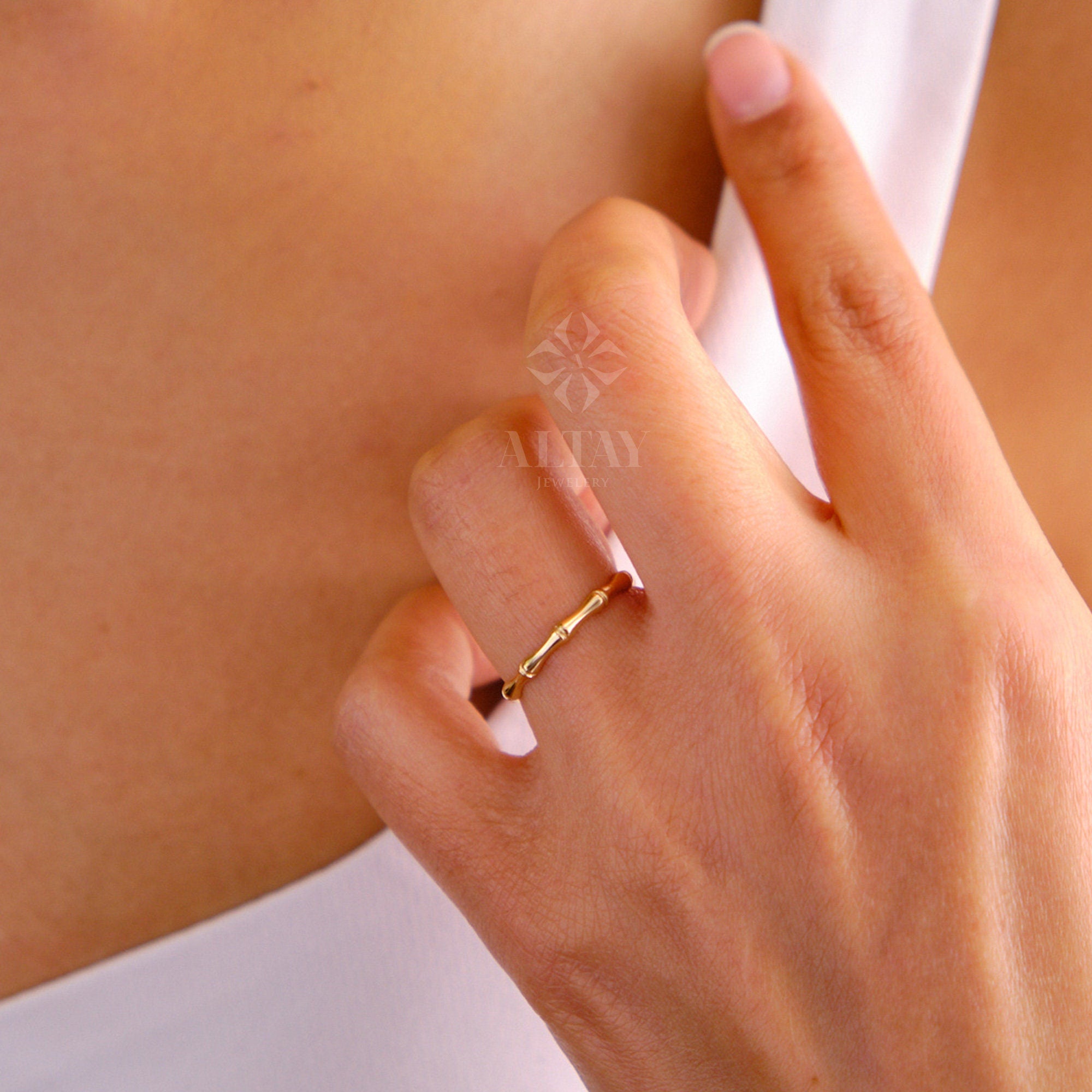 14K Gold Bamboo Ring, Minimalist Bone Ring, Thin Stacking Ring, Dainty Gold Women Ring, Stackable Gold Ring, Unisex Band Ring, Gift For Her