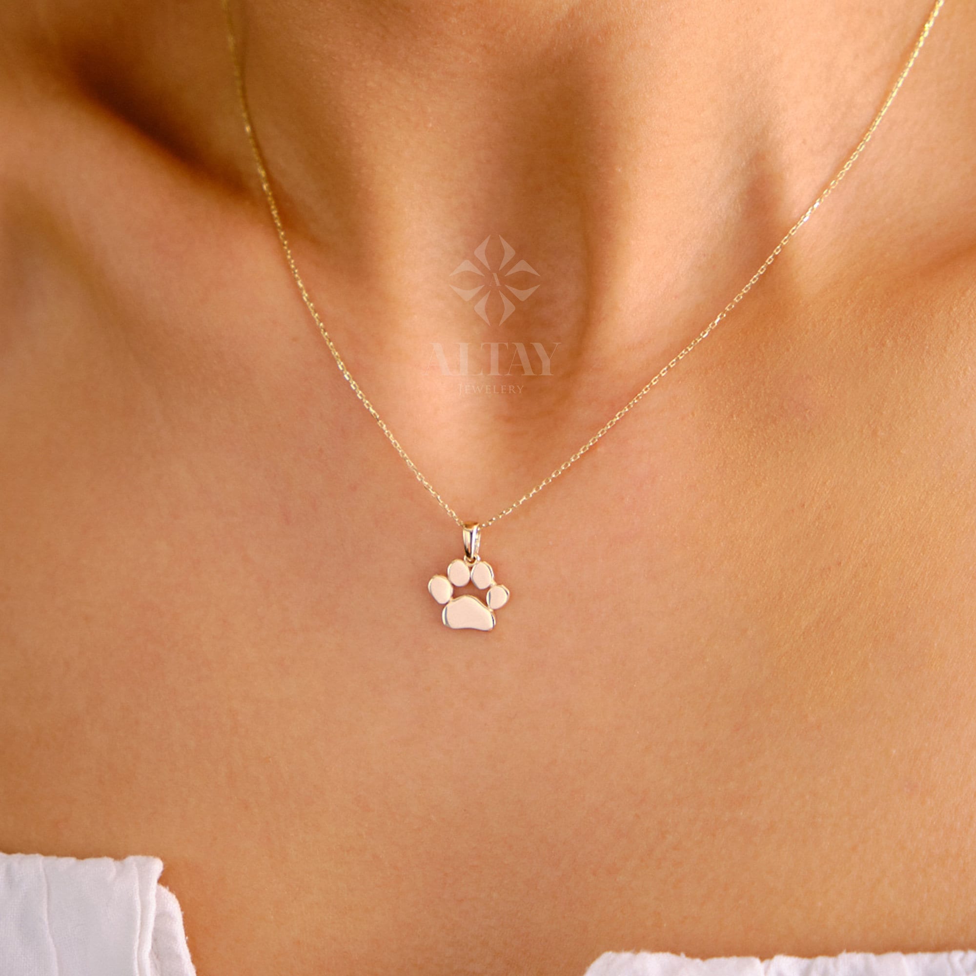 14K Gold Paw Print Necklace, Puppy Paw Pendant, Small Dog Cat Lover Charm Pendant, Engraved Initial Choker, Personalized Memorial Gift