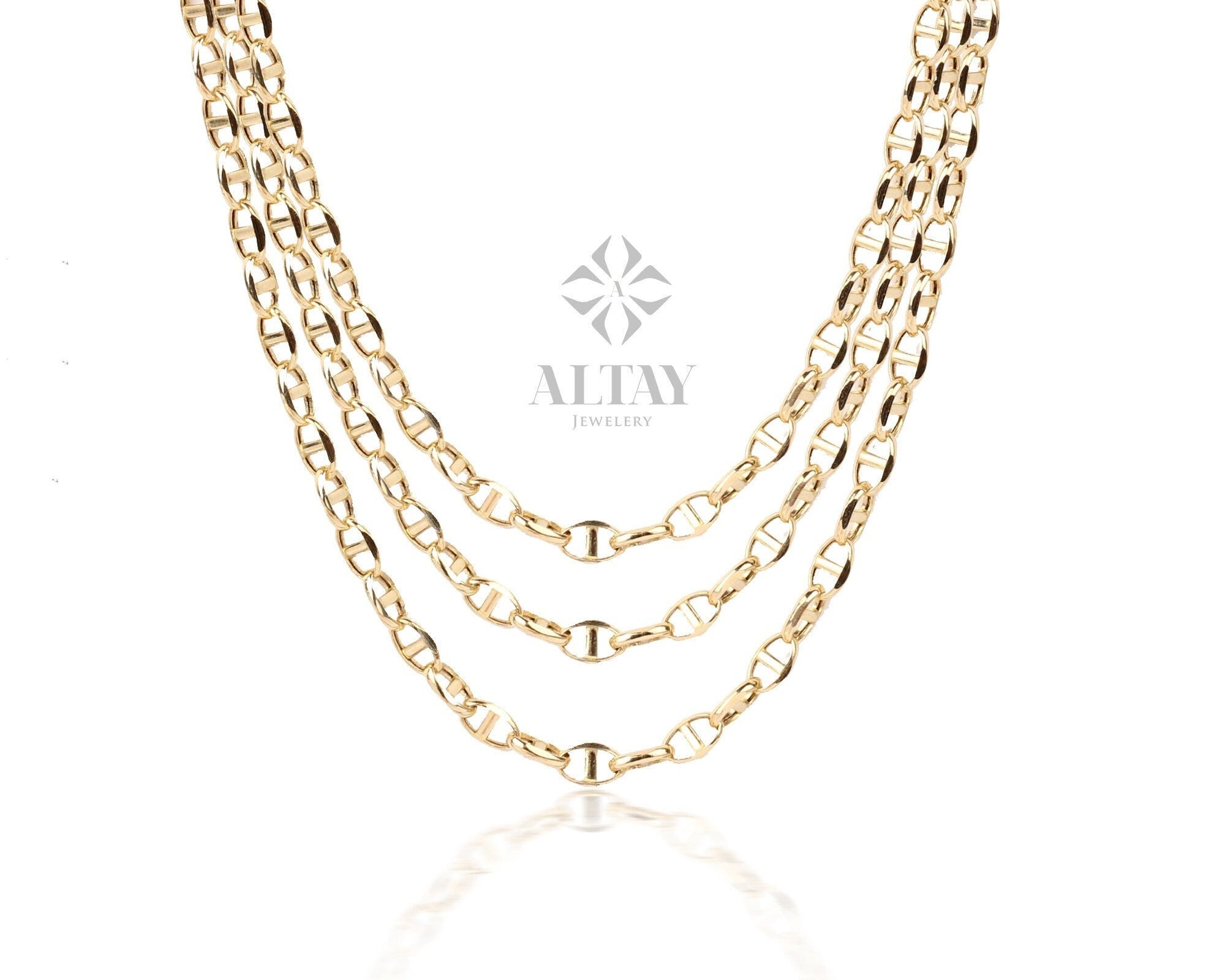 14K Gold Mariner Link Chain Necklace, Mariner Chain Choker, Puffed Chain Necklace, Yellow Gold Puff Mariner Chain, Designer, Dainty Gift