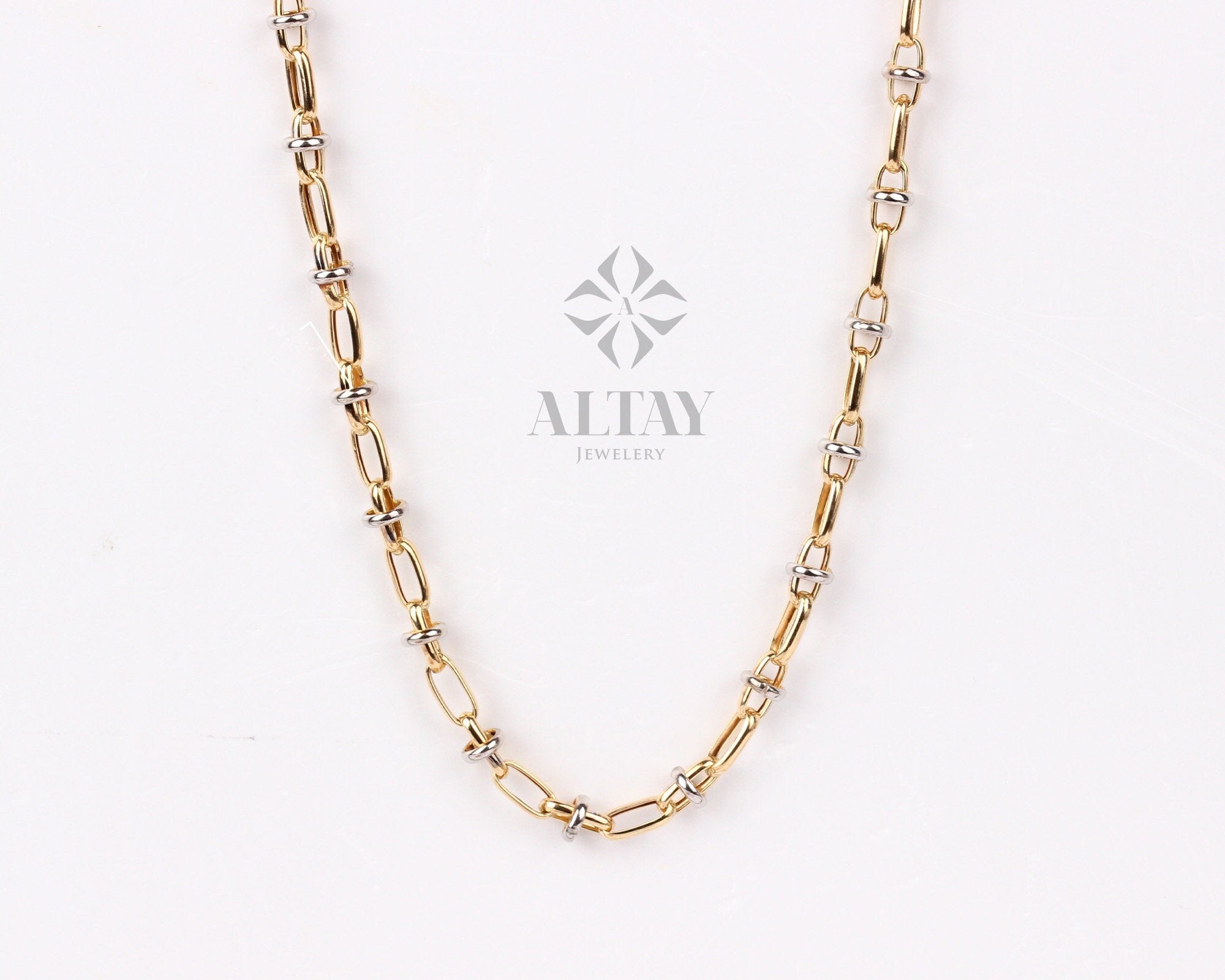 14K Gold Two Tone Chain Necklace, Oval Chain Choker, Rectangle Long Paperclip Chain, Chunky Chain Link, Two-Tone Charm Necklace