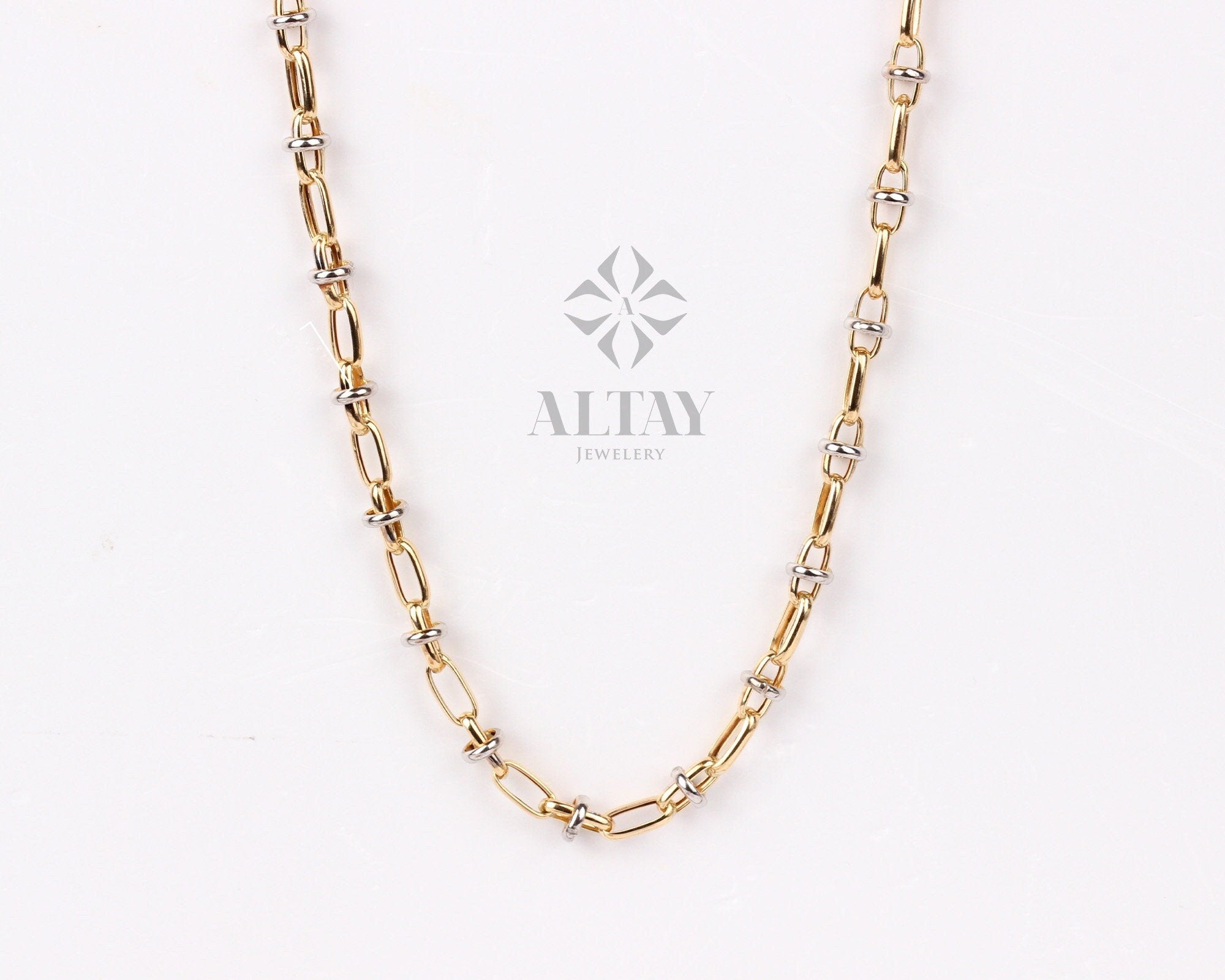 14K Gold Two Tone Chain Necklace, Oval Chain Choker, Rectangle Long Paperclip Chain, Chunky Chain Link, Two-Tone Charm Necklace