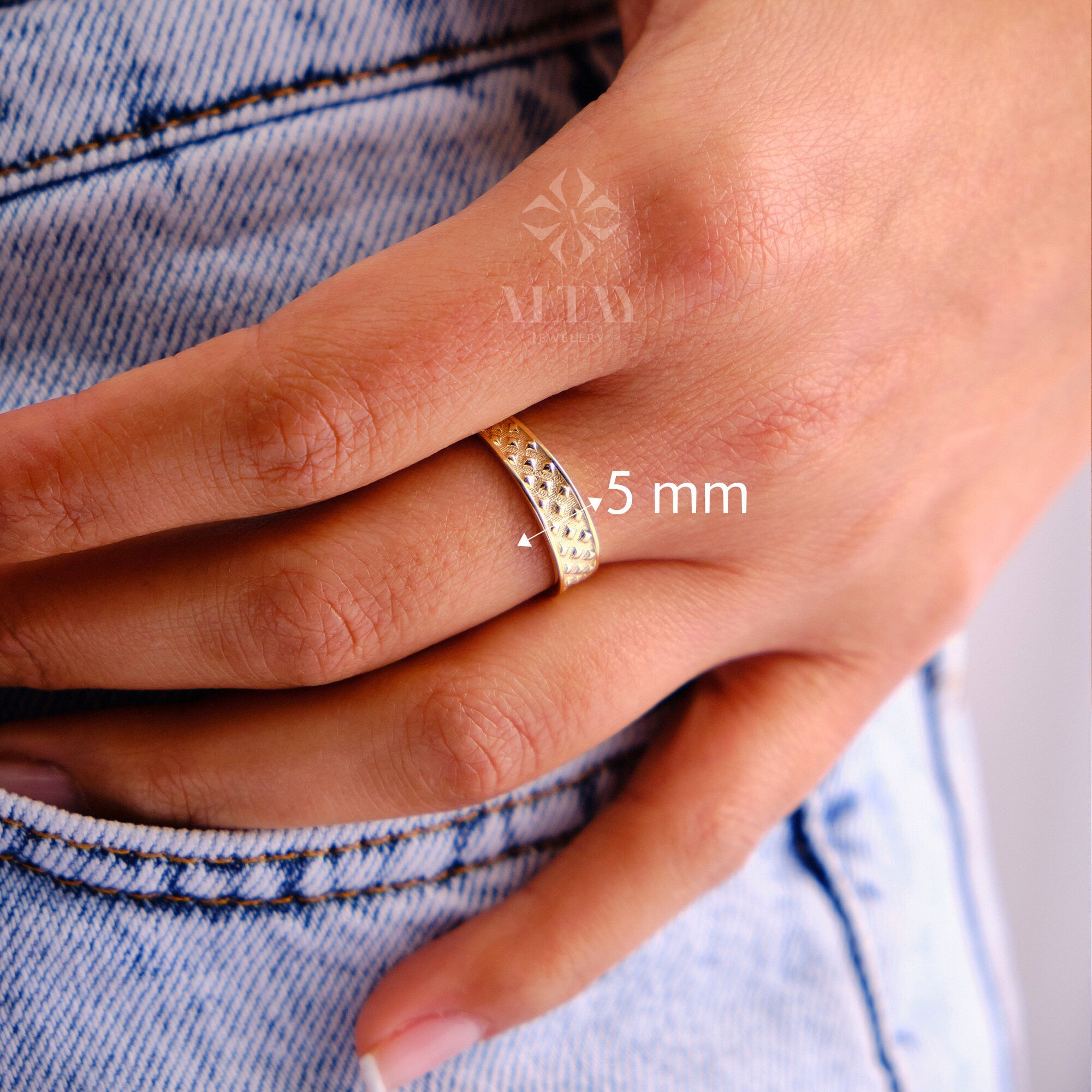 14K Gold Textured Band Ring, Square Pattern Wedding Ring, Minimalist Matching Ring, Engravable Eternity Ring, Chunky Marriage Band