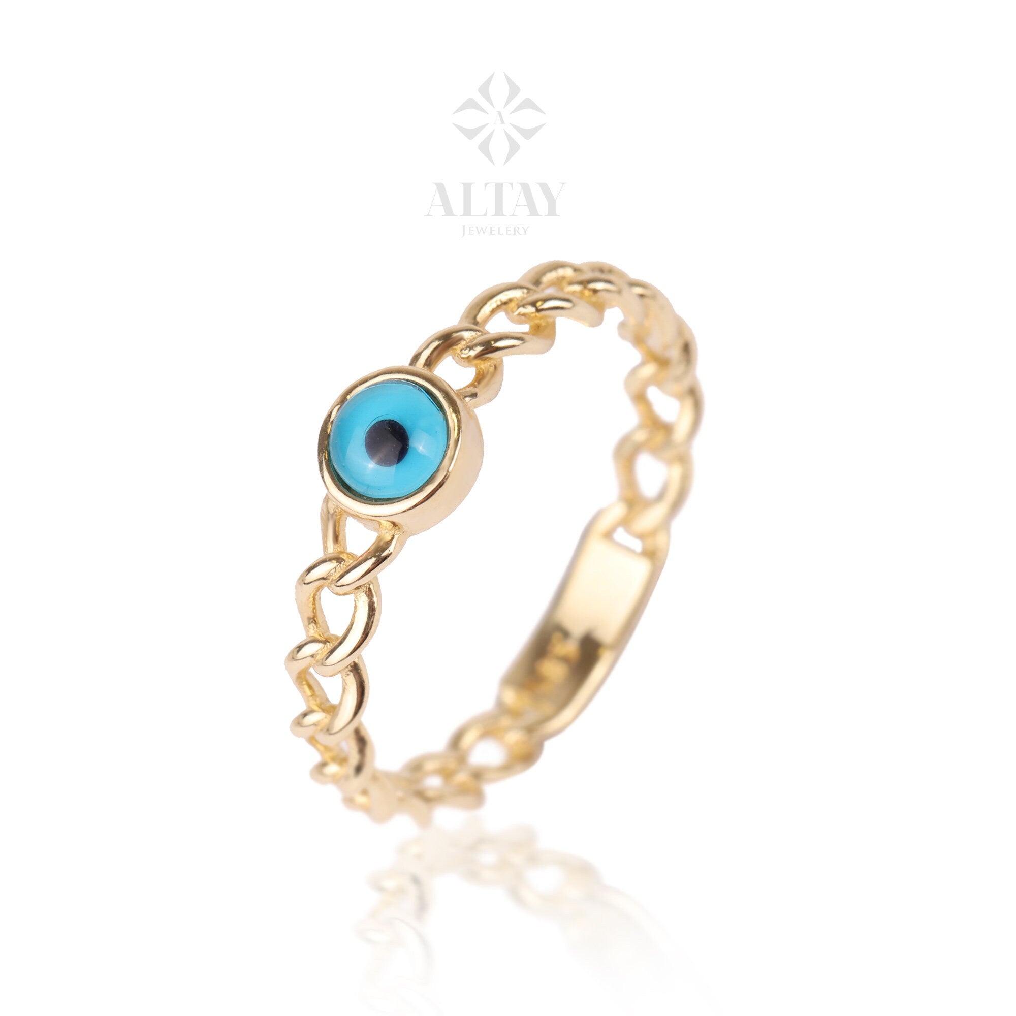 14K Gold Evil Eye Ring, Curb Chain Stacking Ring, Delicate Evil Eye Band, Minimalist Stackable Jewelry, Luck Charm, Protection, Gift for Her